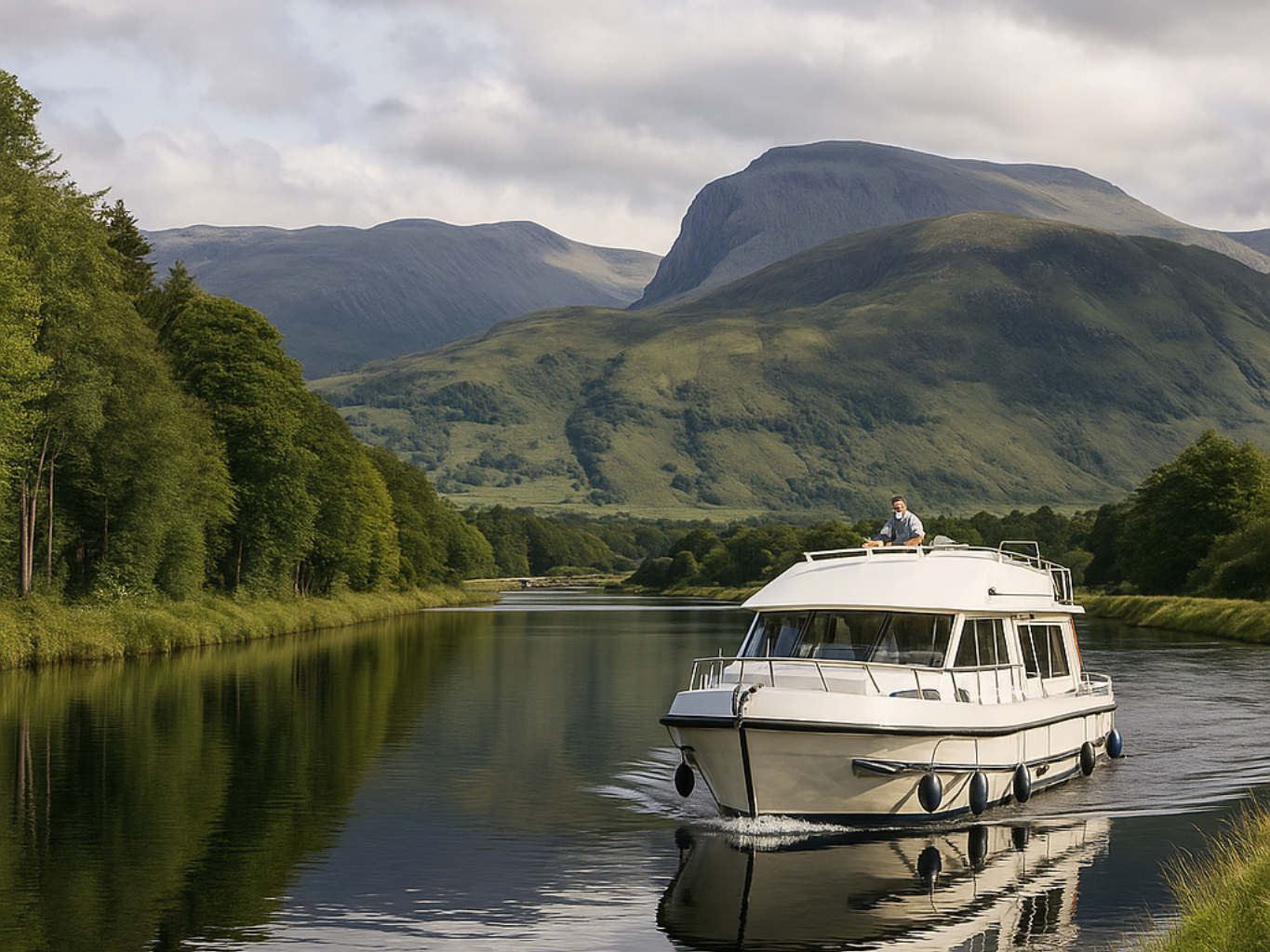 Hausbooturlaub in Schottland, KI-generiertes Foto eines Bootes auf dem Kaledonischen Kanal