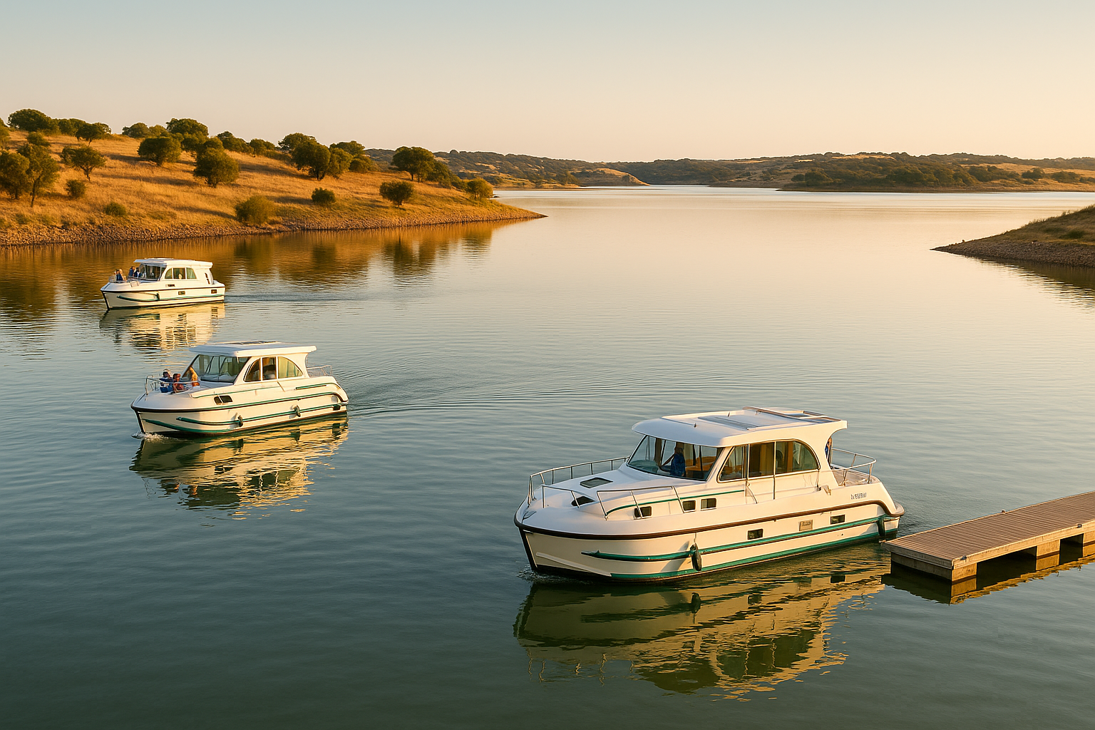 Hausbooturlaub in Portugal, KI-generiertes Foto von Hausbooten im Abendlicht auf dem Grande Largo