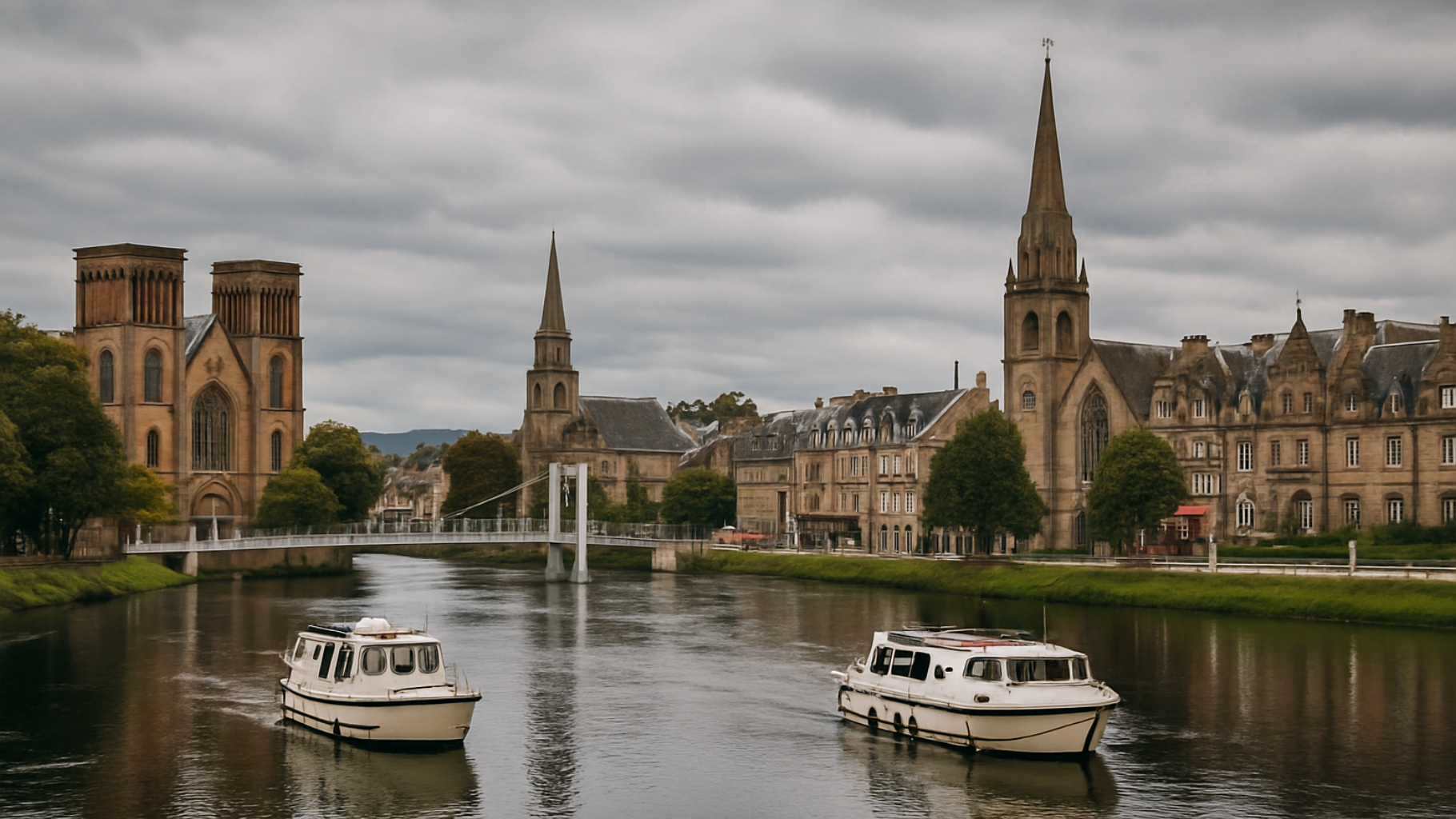 Hausbooturlaub in Schottland, KI-generiertes Foto der Stadt Iverness mit Hausbooten auf dem Fluss