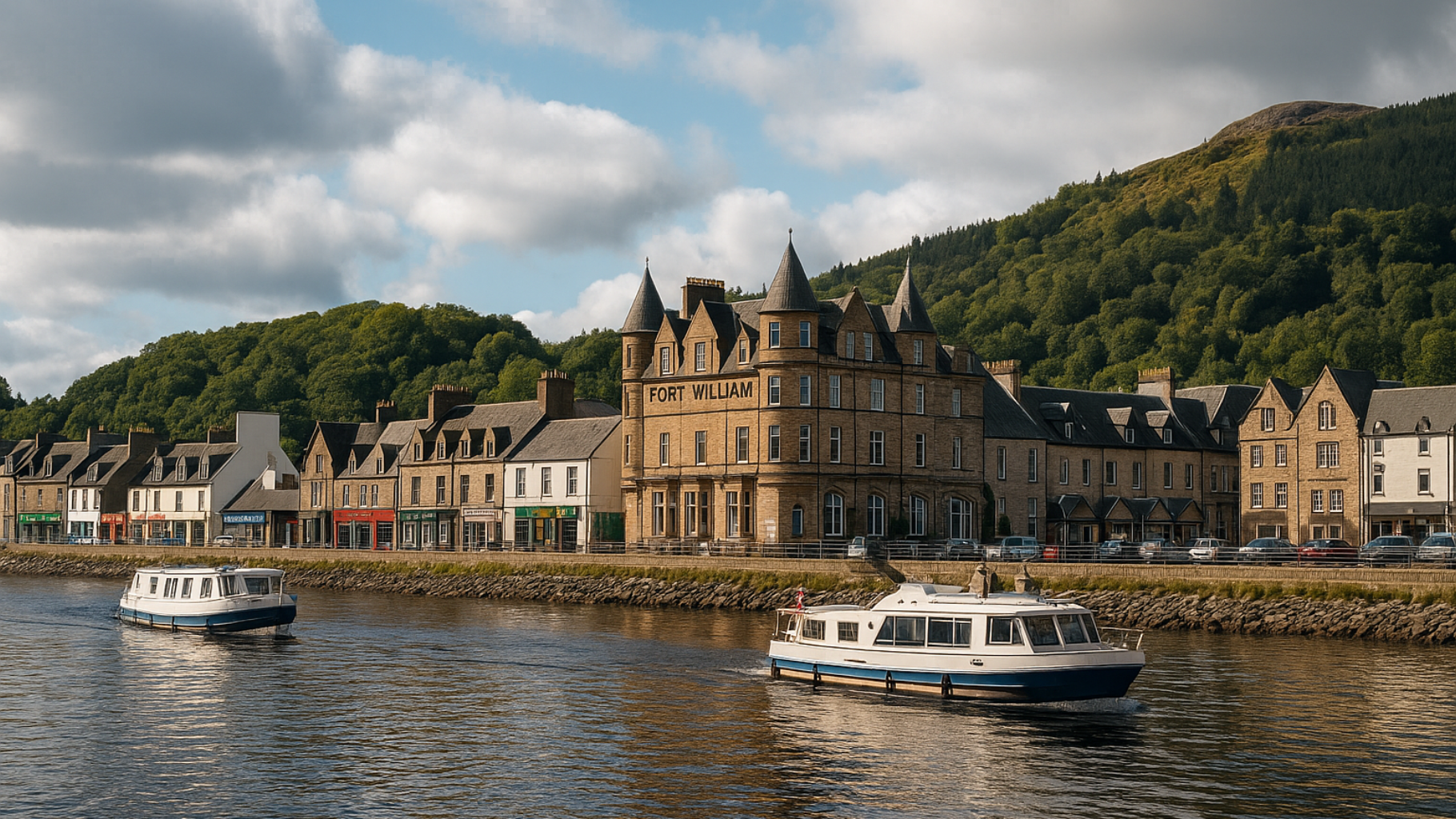 Hausbootferien in Schottland, KI-generiertes Foto eines Hausbootes vor Fort William