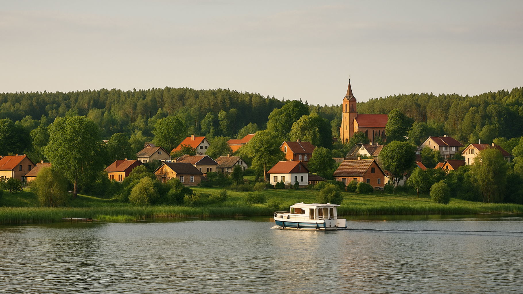 Hausbooturlaub in Polen, KI-generiertes Bild eines Hausbootes vor einer Ortschaft in den Masuren
