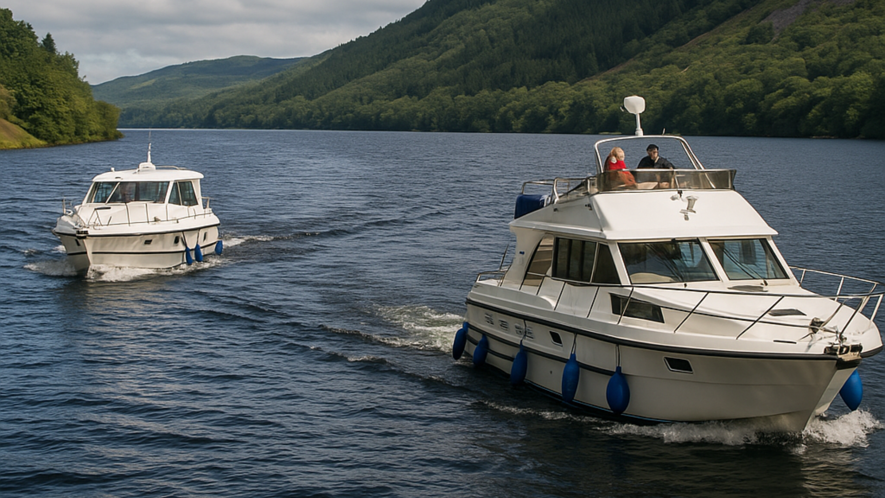 Hausbootferien in Schottland, KI-generiertes Foto von zwei Booten auf dem Loch Ness