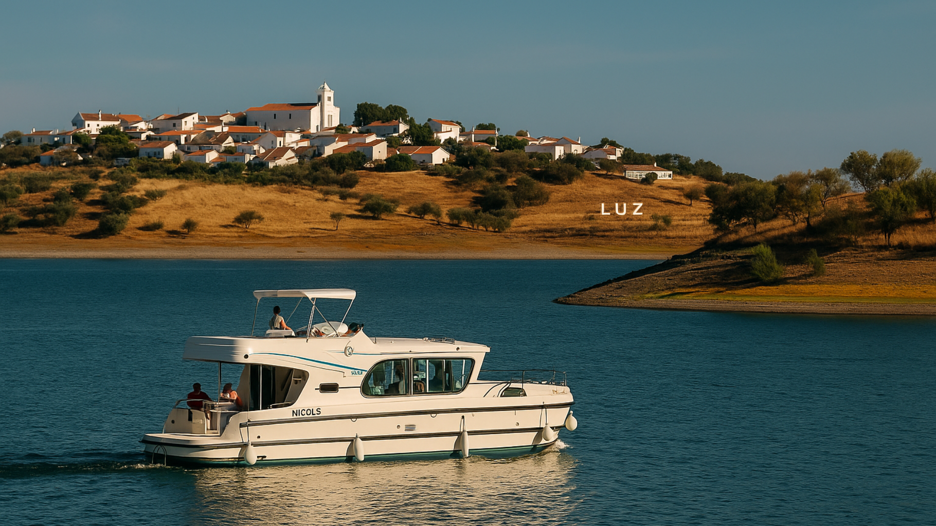 Hausbooturlaub in Portugal, KI-generiertes Foto eines Hausbootes auf den Grande Largo in der Region Luz