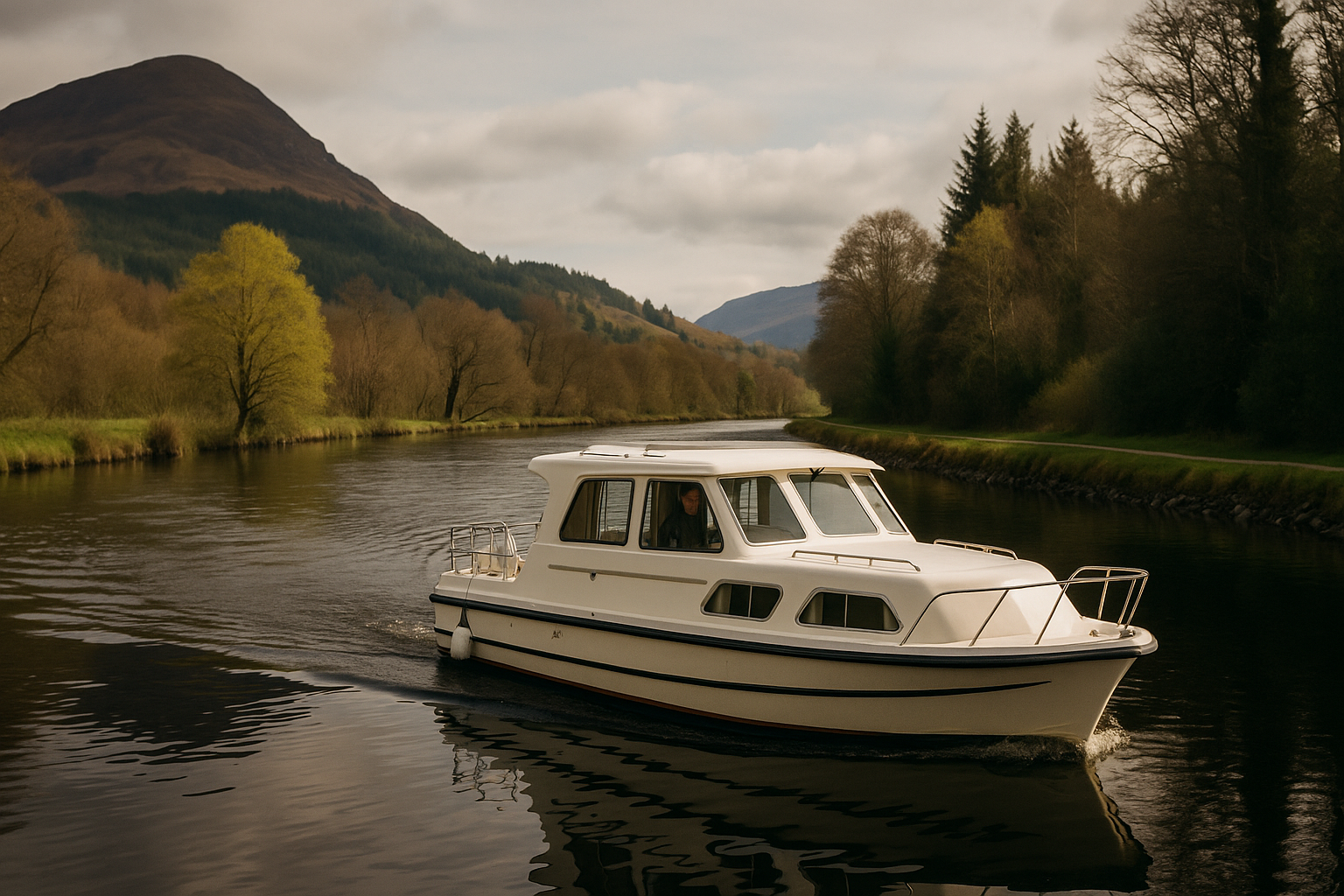 Hausbooturlaub in Schottland, KI-generiertes Foto mit einem fahrend Boot auf dem Fluss