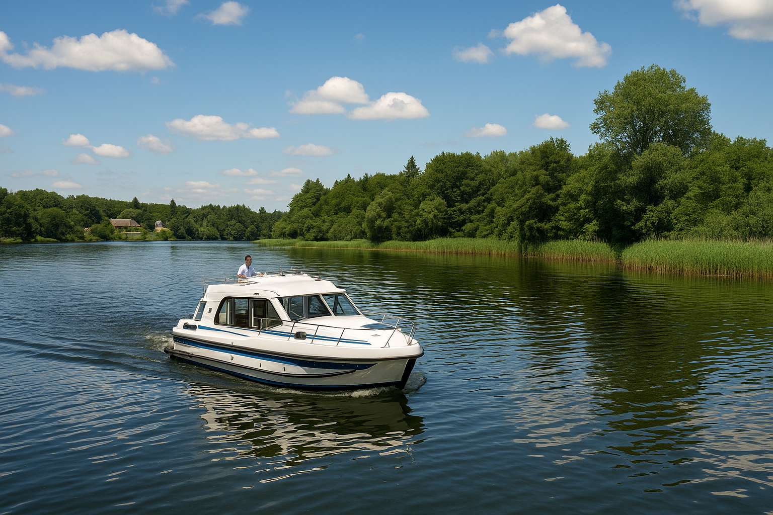 Hausbooturlaub in Ungarn, KI-generiertes Foto eines Hausbooten auf dem Fluss Theiß in Ungarn