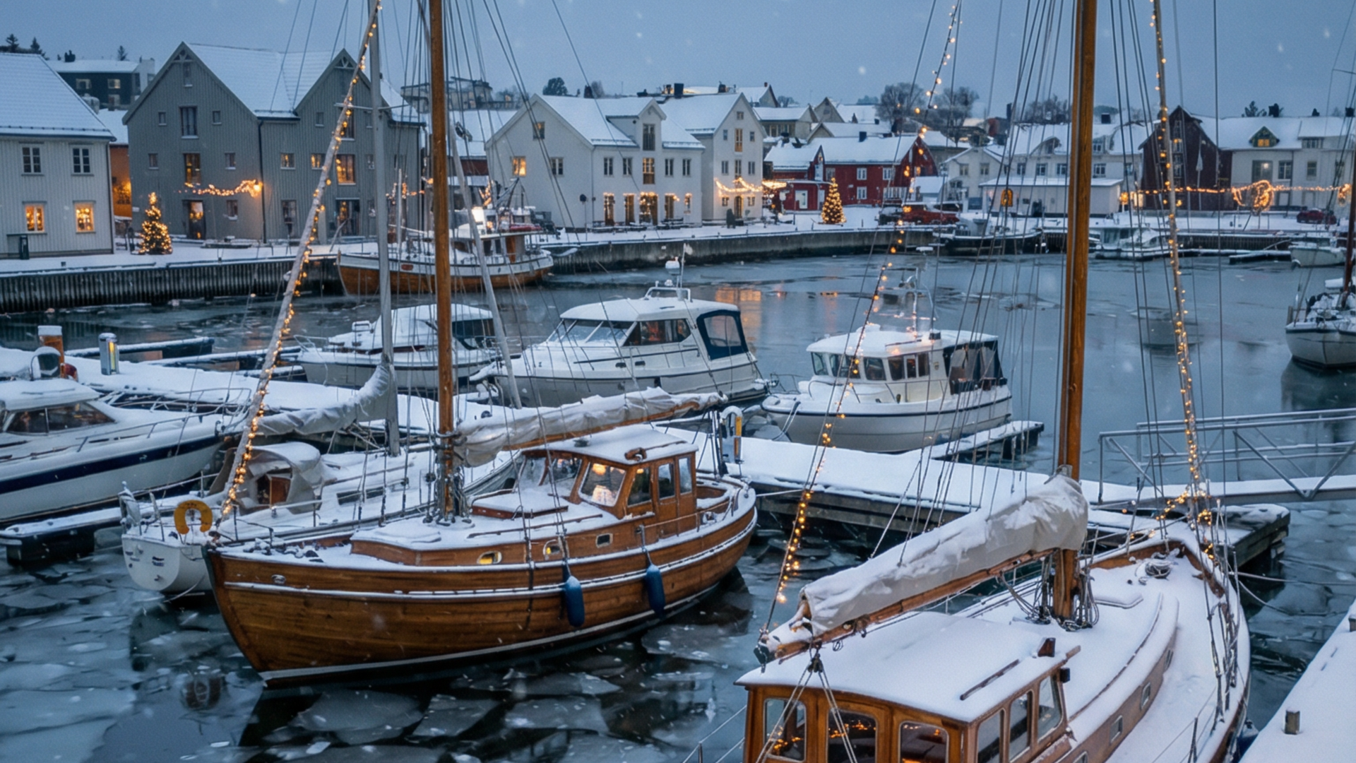 KI-generiertes Foto eines Hafens im Winter mit schneebedeckten Booten