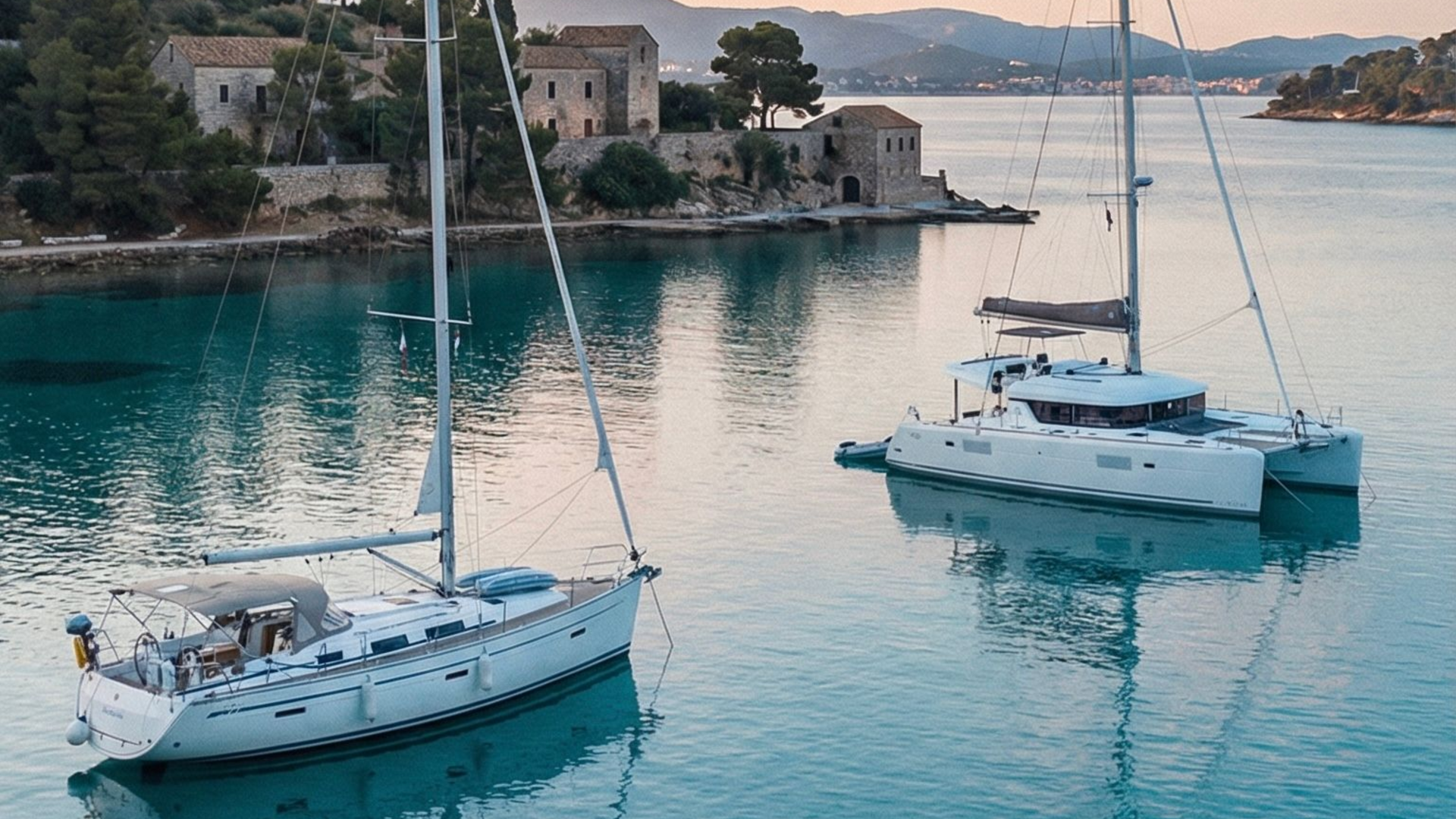 KI-generiertes Foto eines Katamarans und Monohulls