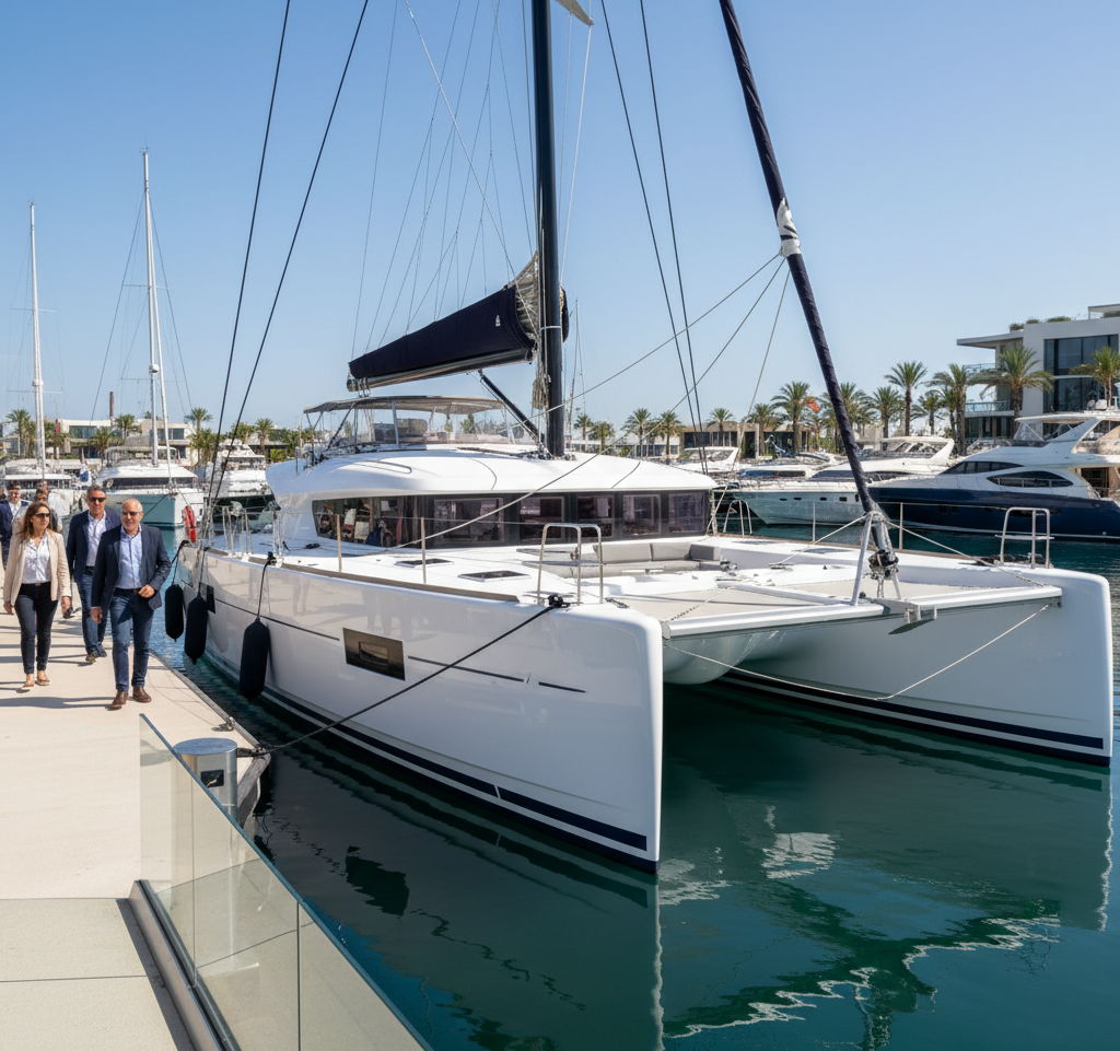 KI-generiertes Foto eines Katamarans am Steg einer Marina