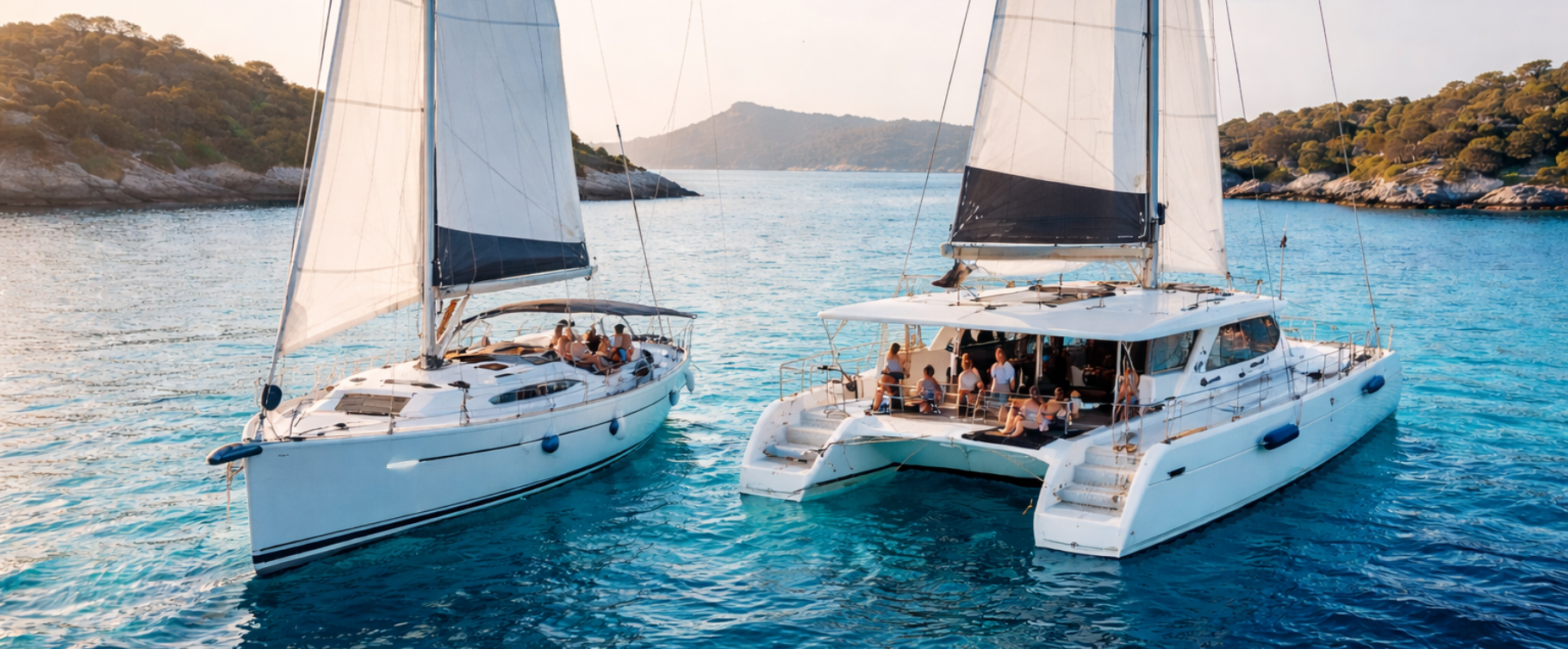 Ki-generiertes Foto einer Segelyacht und eines Katamarans vor Anker