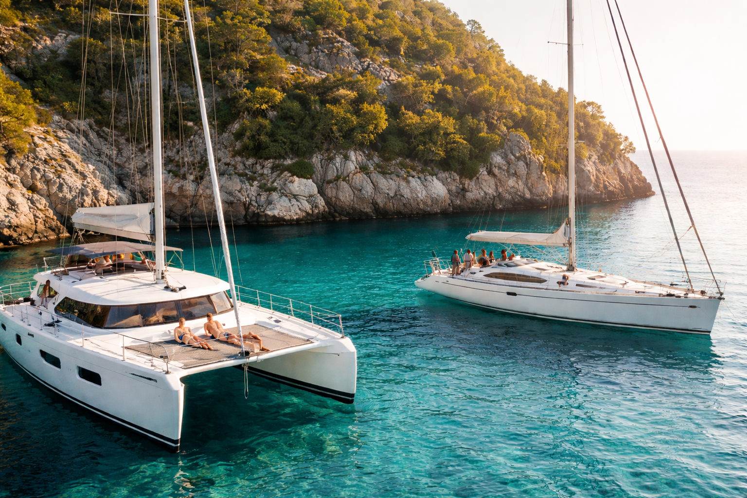 ki-generiertes Foto einer Segelyacht und eines Katamarans in einer Bucht