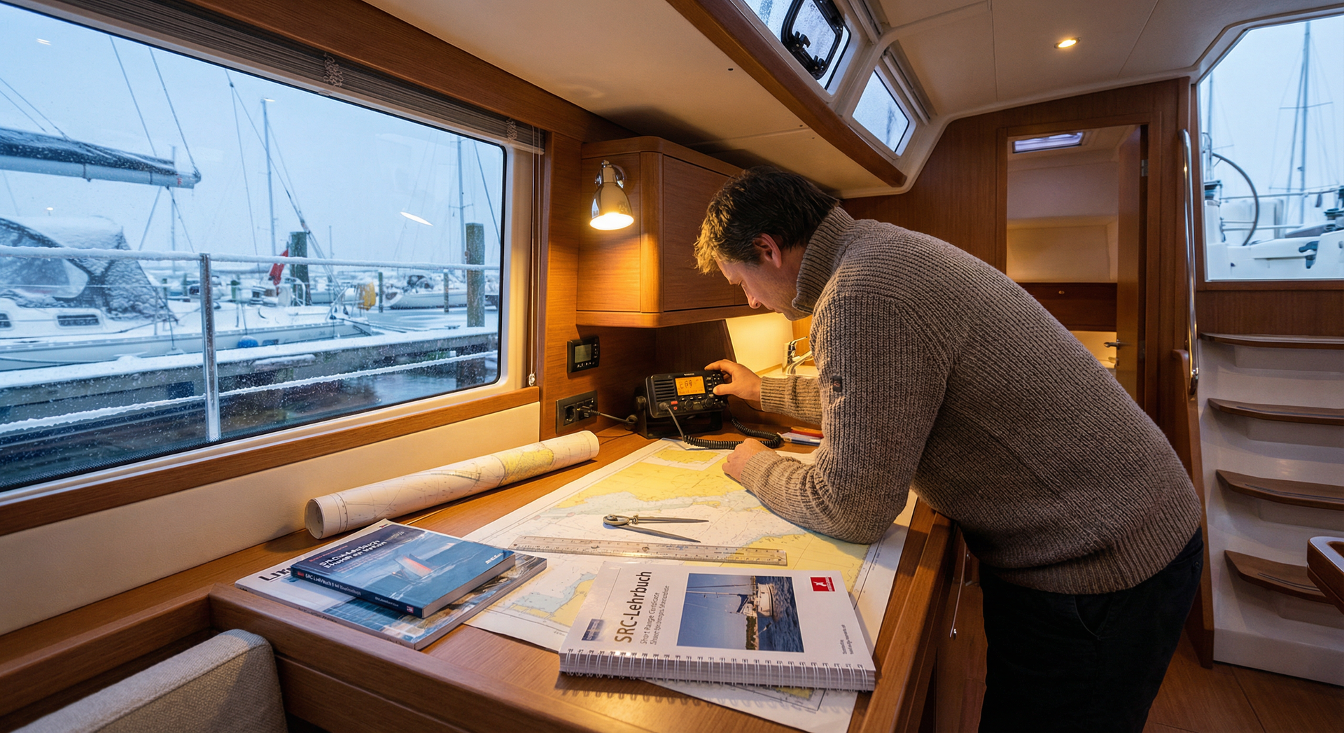 KI-generiertes Foto eines Skipprs bei der Vorbereitung auf die Prüfung zur SRC-Lizenz