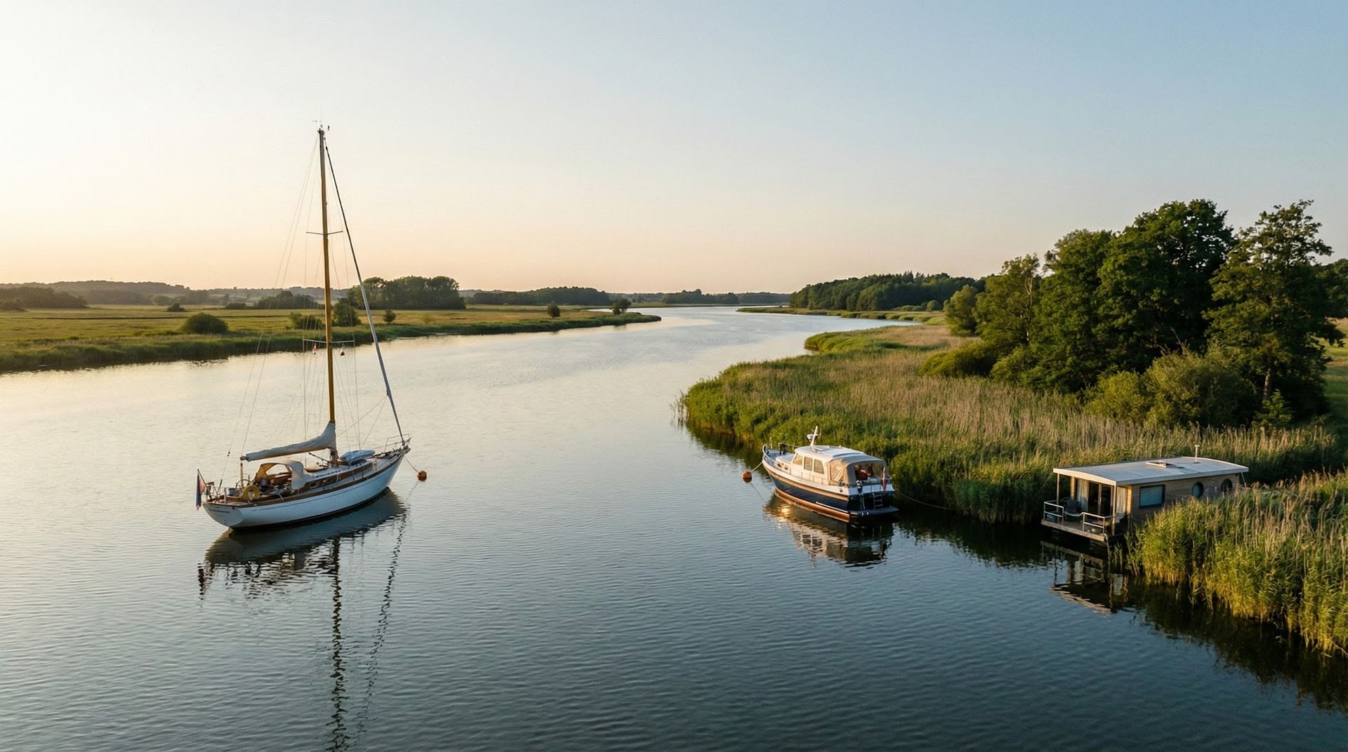 KI-generiertes Foto von drei unterschiedlichen Chartervarianten; Segelyacht, Motorboot und Hausboot