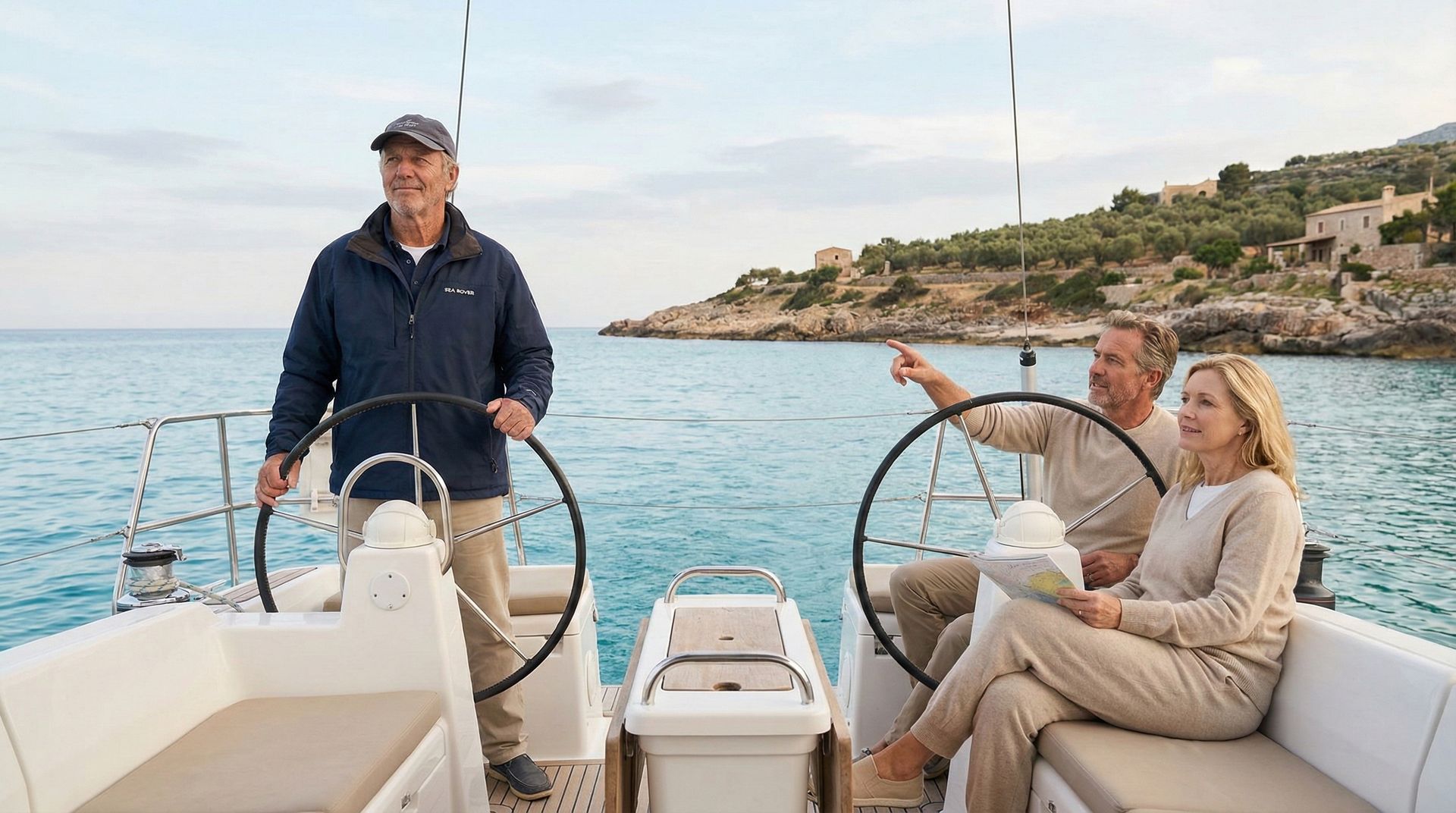 KI-generiertes Foto eines Profiskippers mit Crew an Bord einer Charteryacht