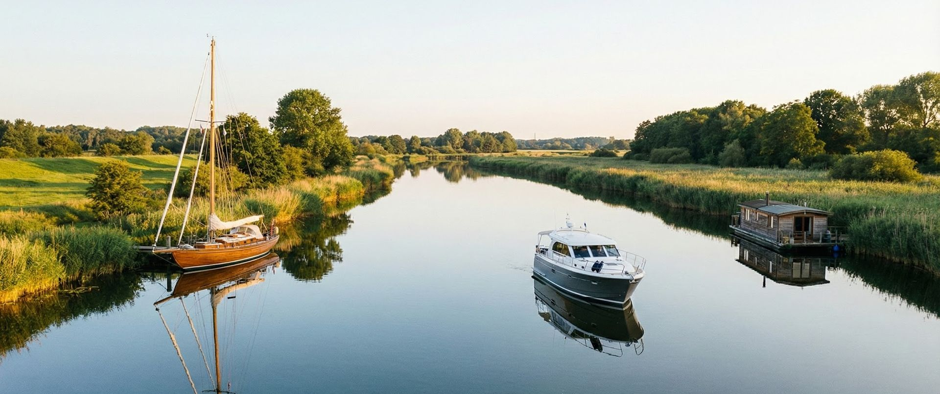 KI-generiertes Foto einer Segelyacht, eines Motorbootes und eines Hausbootes im Binnengewässer