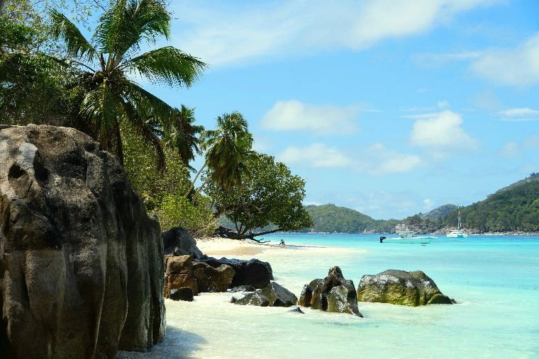 Granitfelsen, Palmen und Katamaran am Traumstrand — Yachtcharter Indischer Ozean, Seychellen