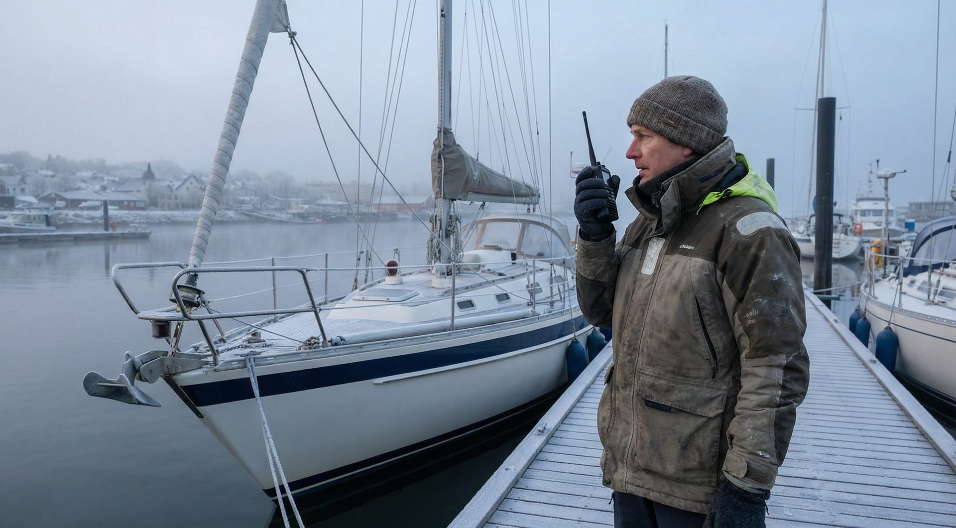 ki-generiertes Foto eines Seglers mit Funkgerät in der Hand