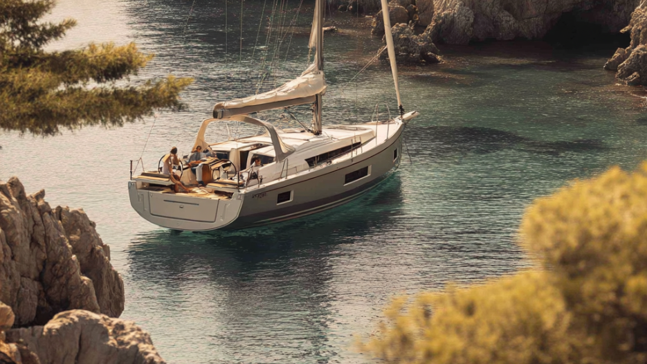 KI-generiertes Foto einer Segelyacht ankernd in einer Bucht
