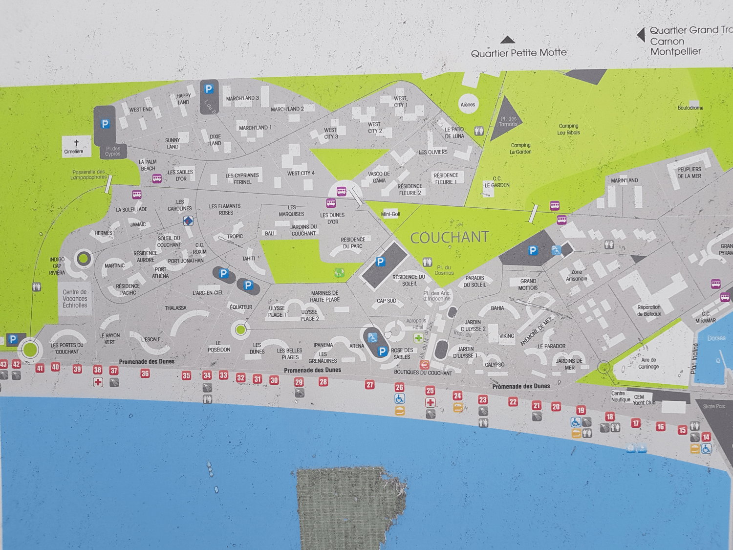 Karte mit den Strandzugängen La Grande Motte