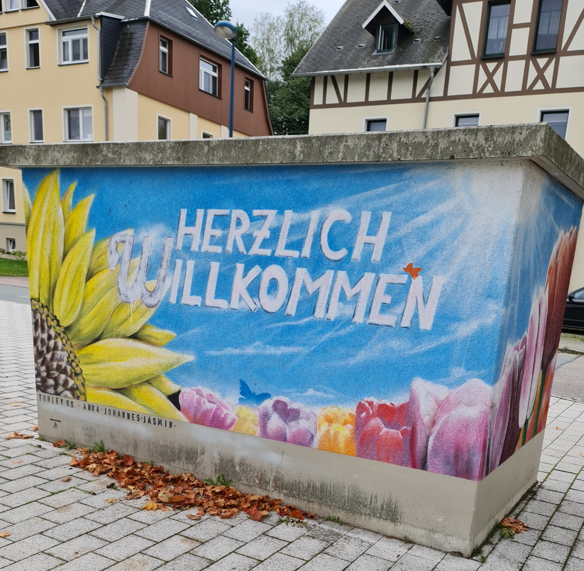 Willkommensgruss in Oelsnitz Erzgebirge Photo by: Viola Einert-Krug Herzlich Willkommen Stromhäuschen bemalt mit blauem Hintergrund und Sonnenblume  in Oelsnitz/ Erzgebirge