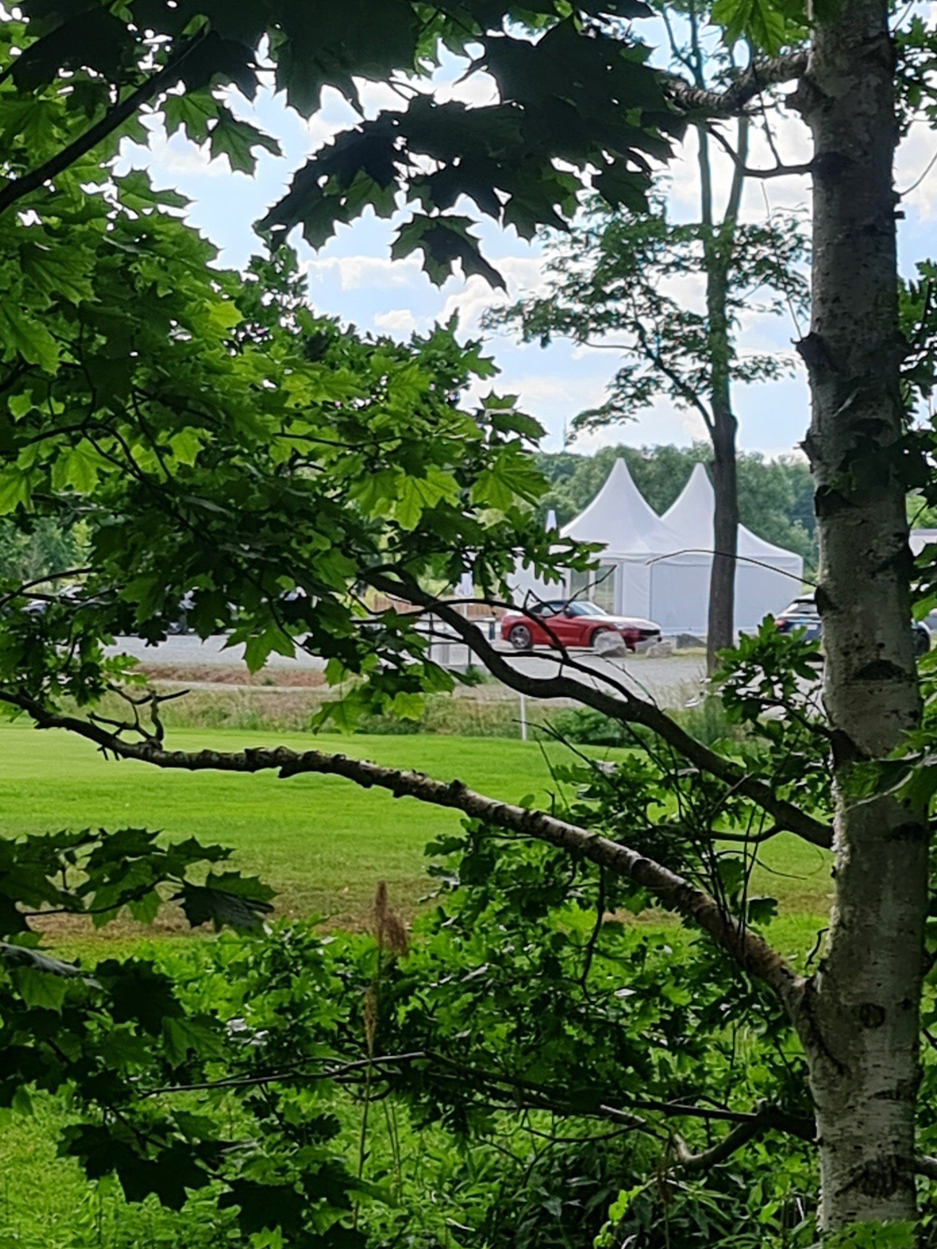 Blick durch Bäume auf weiße Zelte und ein rotes Auto