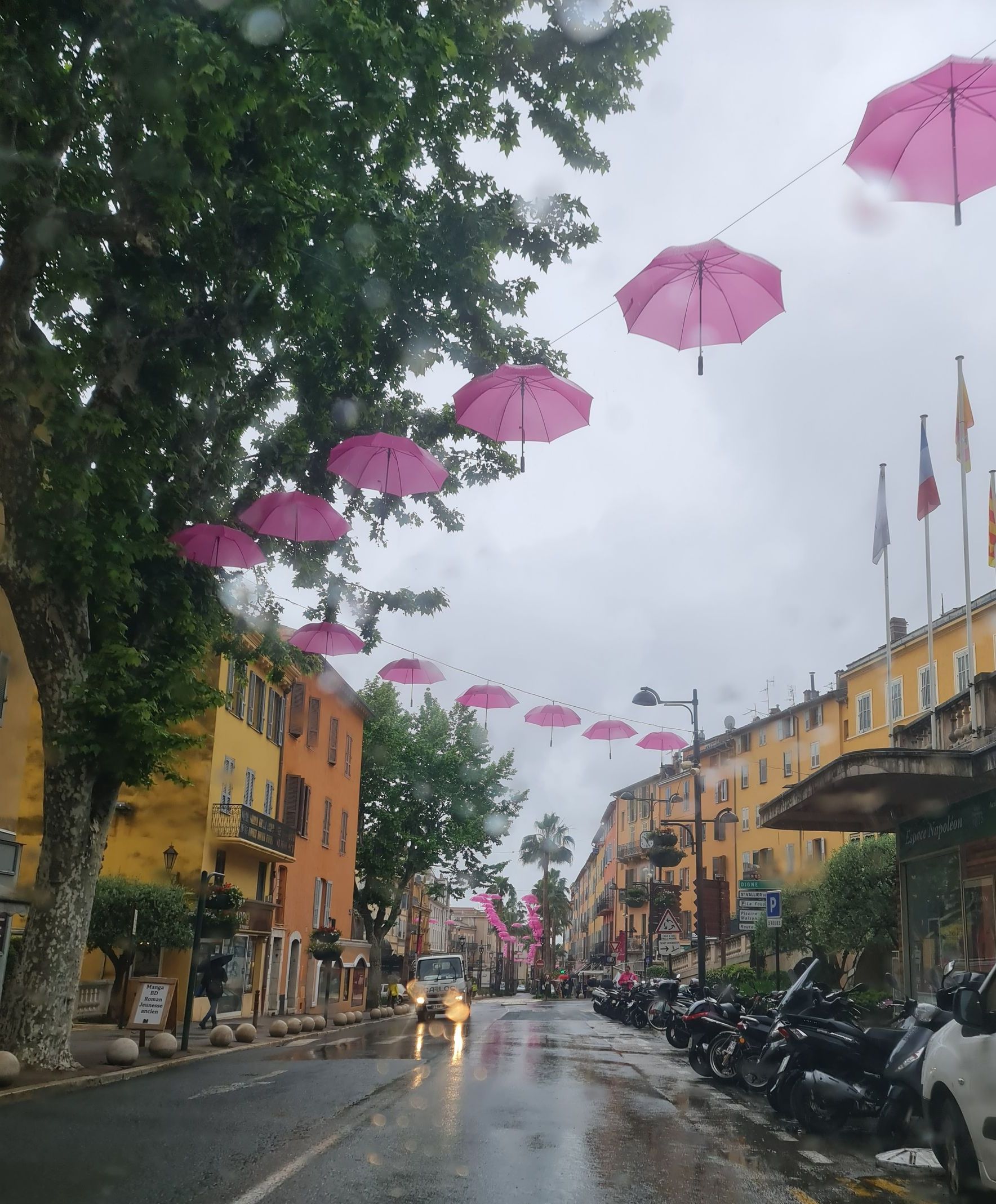 Eine Straße im Regen gesäumt von Häusern. über der Straße pinke Regenschirme gespannt