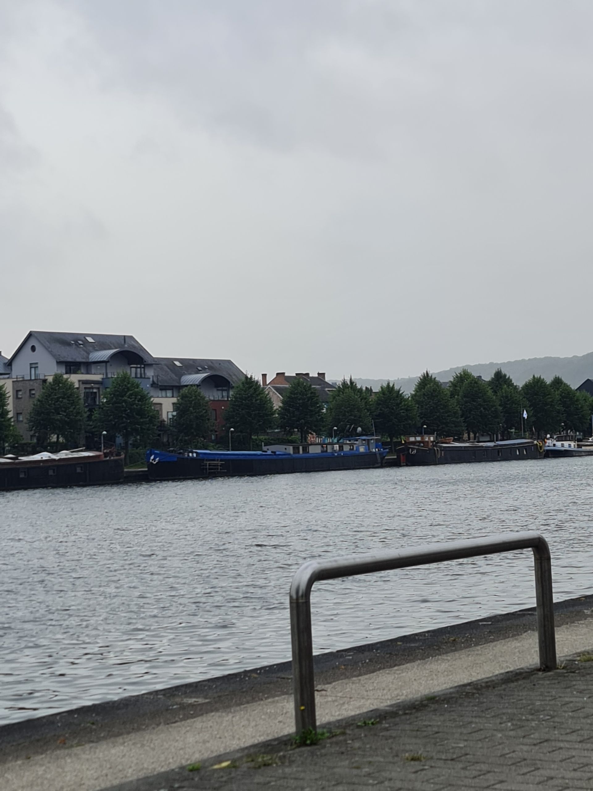 Blick über einen Fluss, auf der anderen Seite Schiffe und Häuser