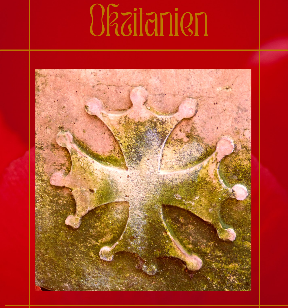 Kreuz von Okzitanien Gold auf weinrotem Hintergrund