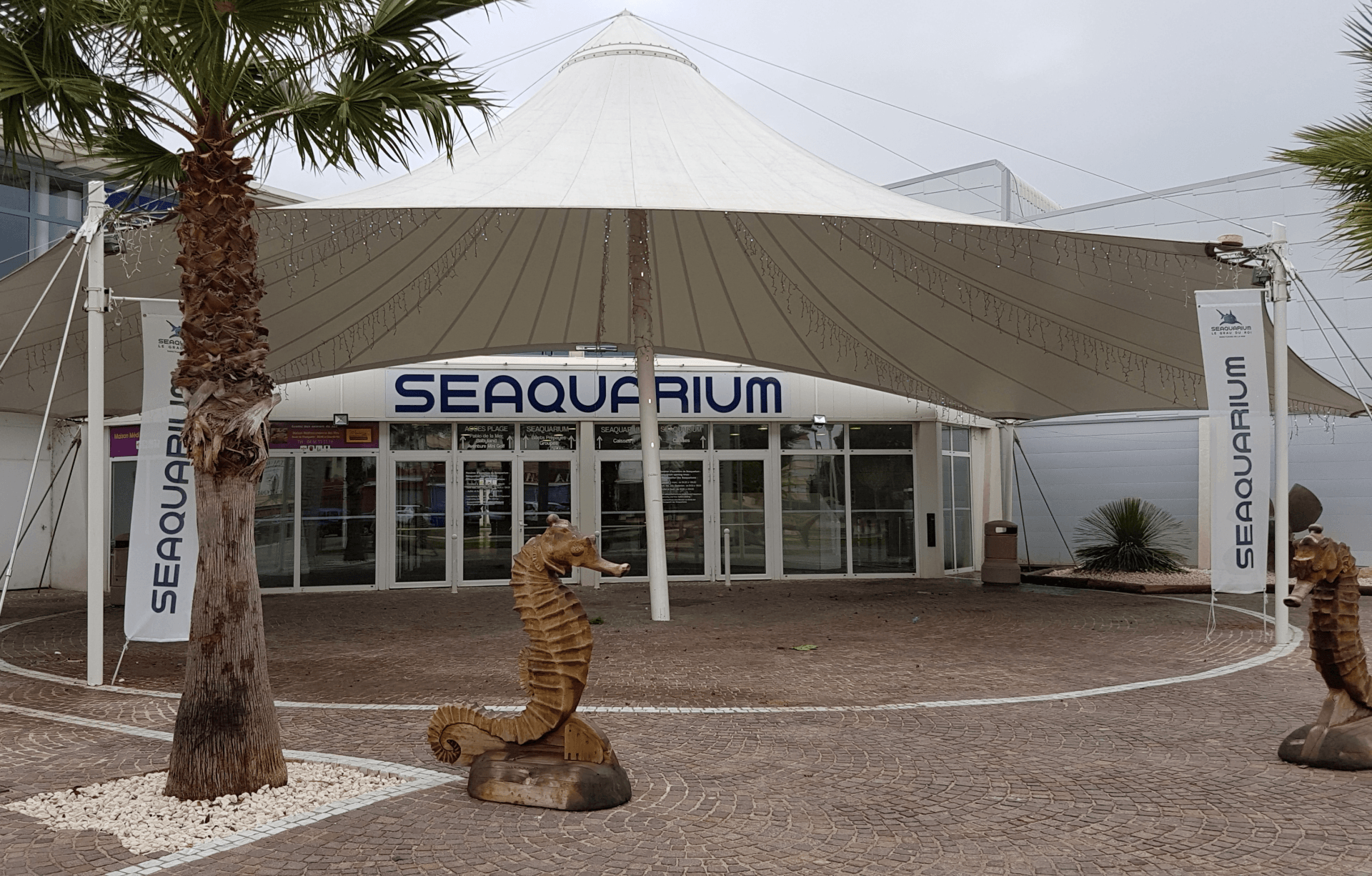 Eingang zu einem Aquarium ein Zelt überdacht ihn und ein Seepferdchen aus Holz steht davor