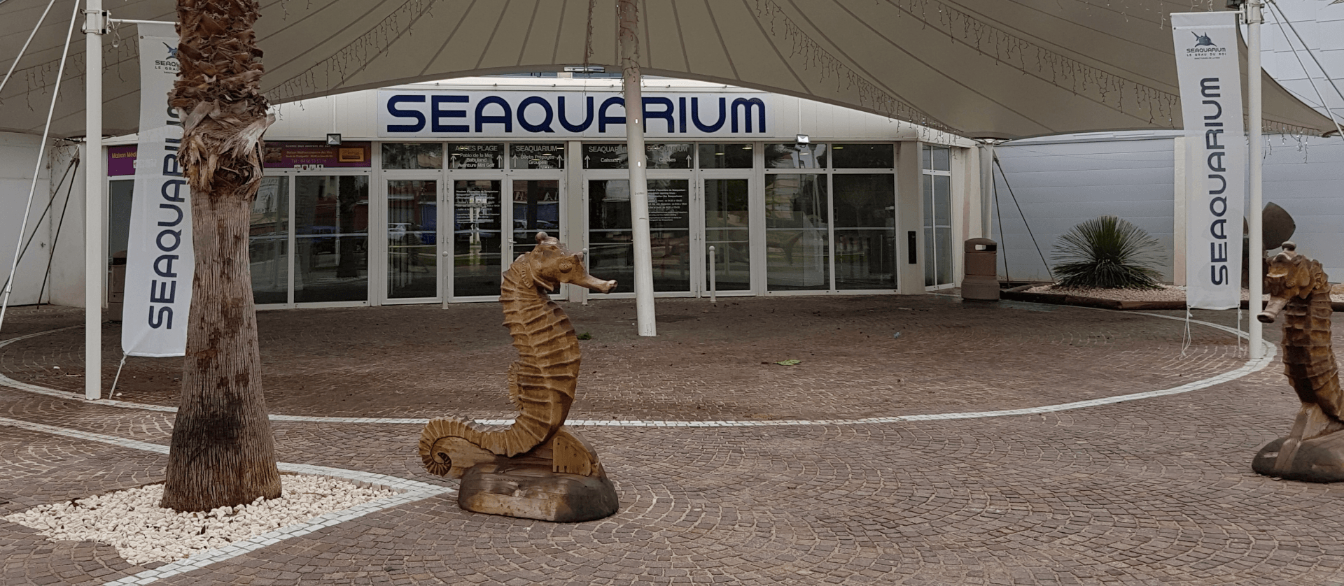 Ein Has mit dem Schild Seaquarium ein Seepferd aus Holz davor