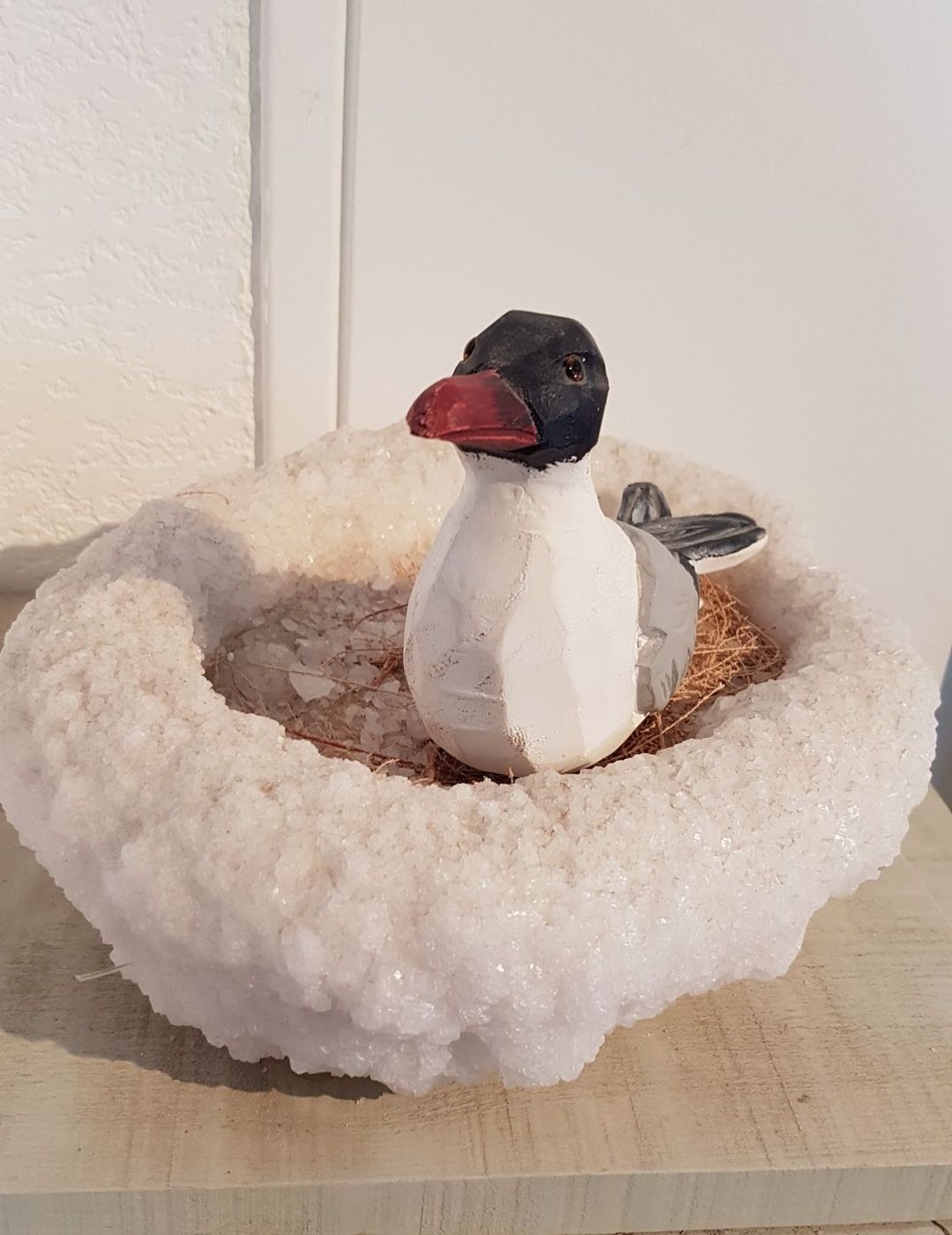 Was die Natur geschaffen hat - Salznest Vogelnestchen aus Salz mit Vogel aus Holz der brütet- im Museum
