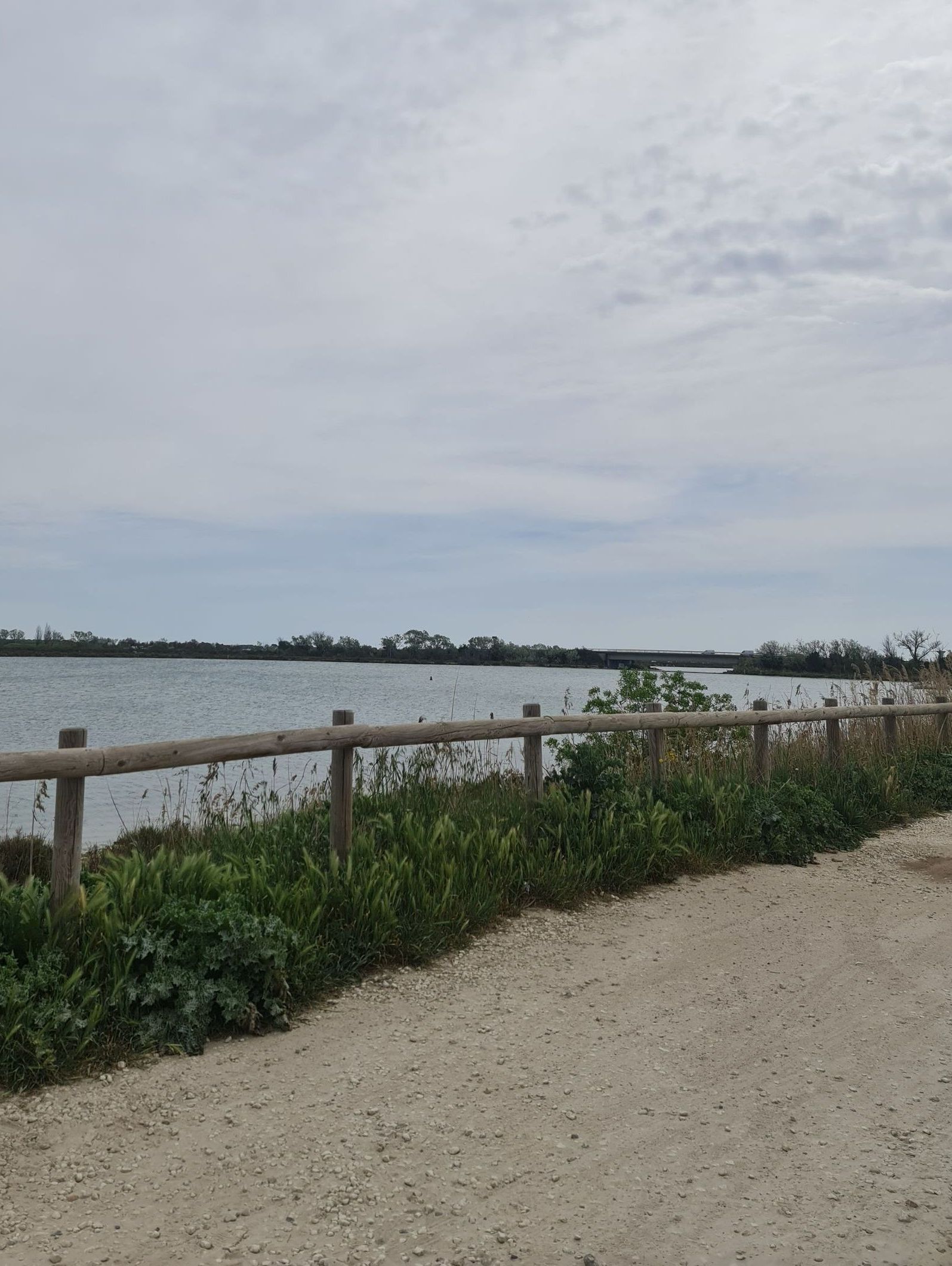 am See mit Zaun aus horizontalen Balken mit Weg