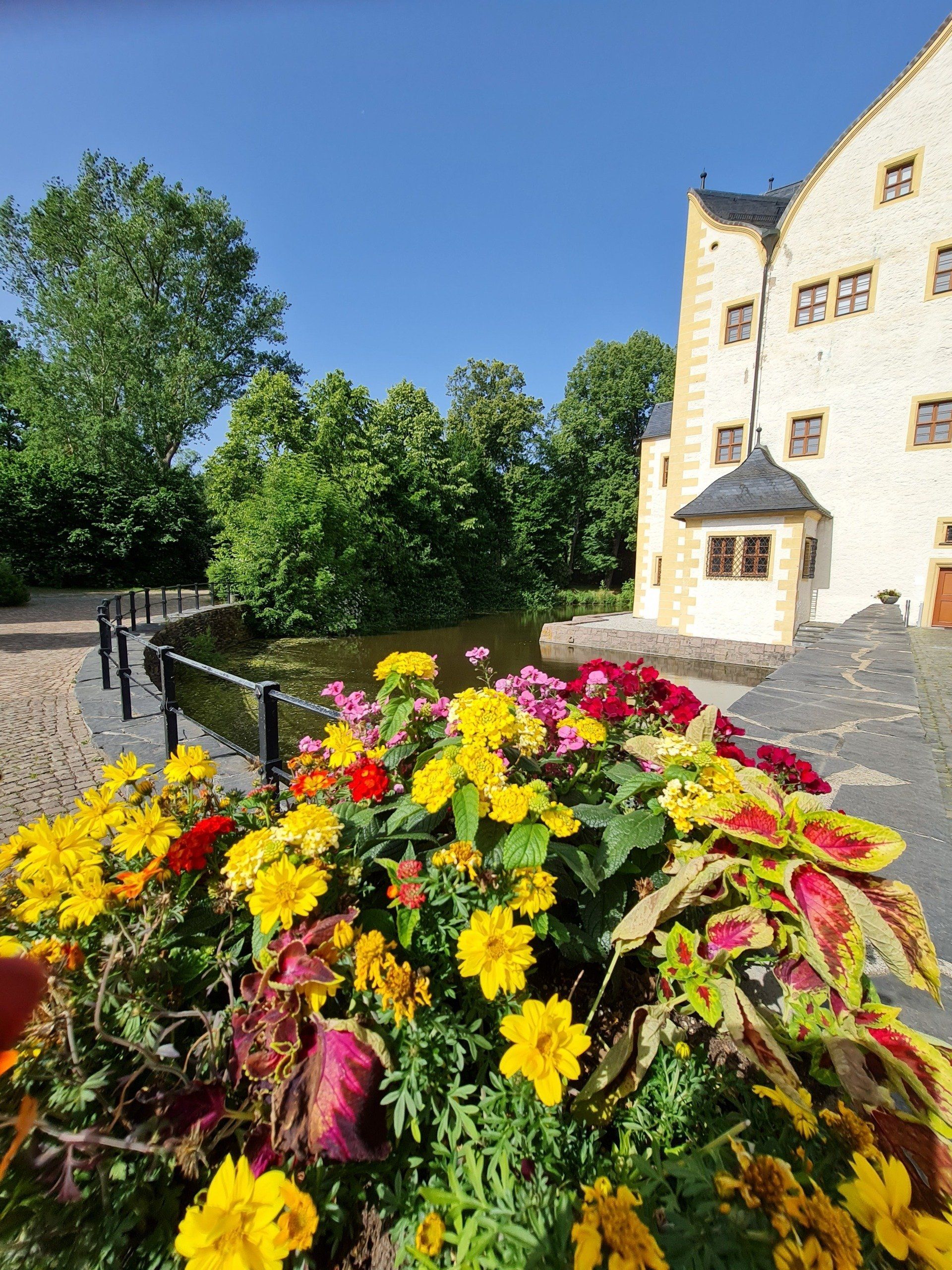 Blumen vor Brücke und Graben des Wasserschlosses Klaffenbach