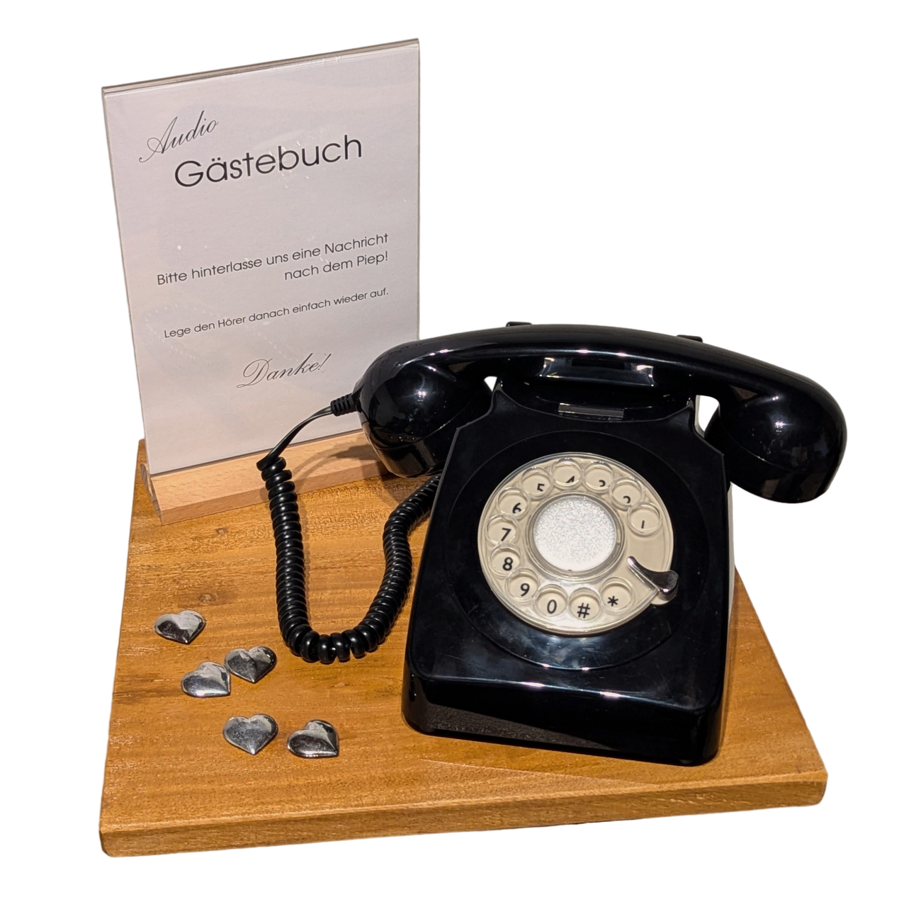 Audio-Gästebuch:      Rotes Wählscheiben-Telefon Unser Audio Gästebuch im Fotobox-Paket zum Sonderpreis.
Inklusive kostenlosem dekorativem Stehtisch buchbar.