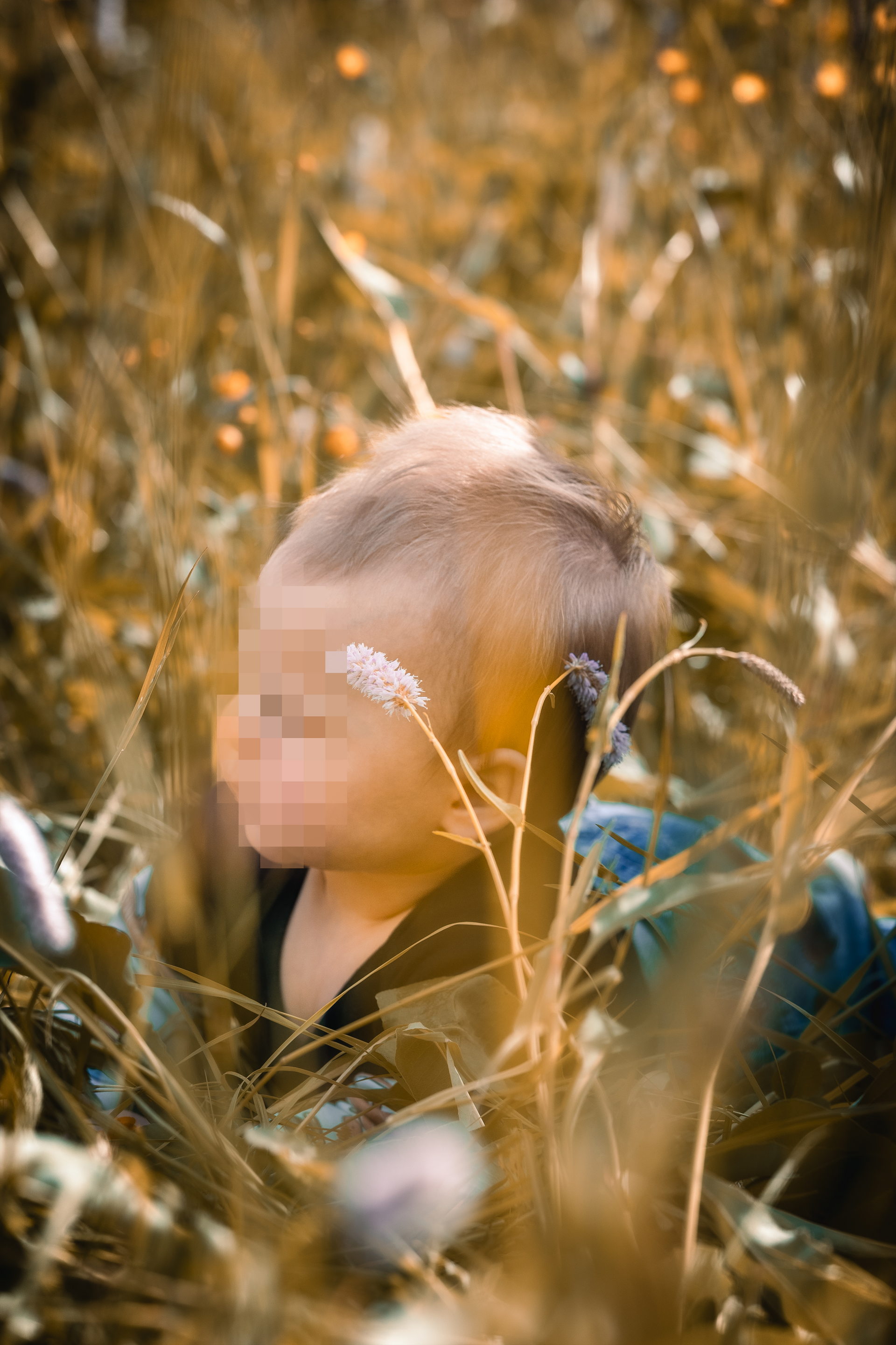 Baby liegt zwischen wilden Gräsern und Blumen auf einer Sommerwiese und blickt verträumt zur Seite – natürliche Kinderfotografie in warmen Farben