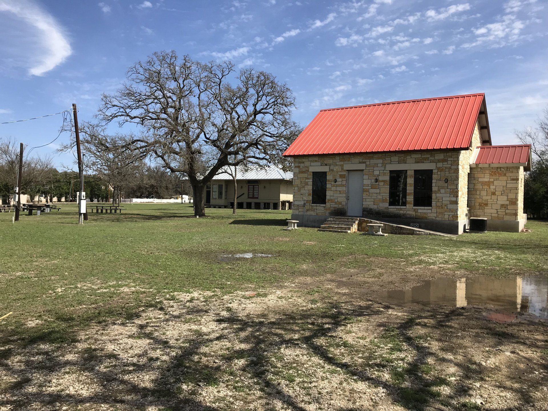 red roof building in the park