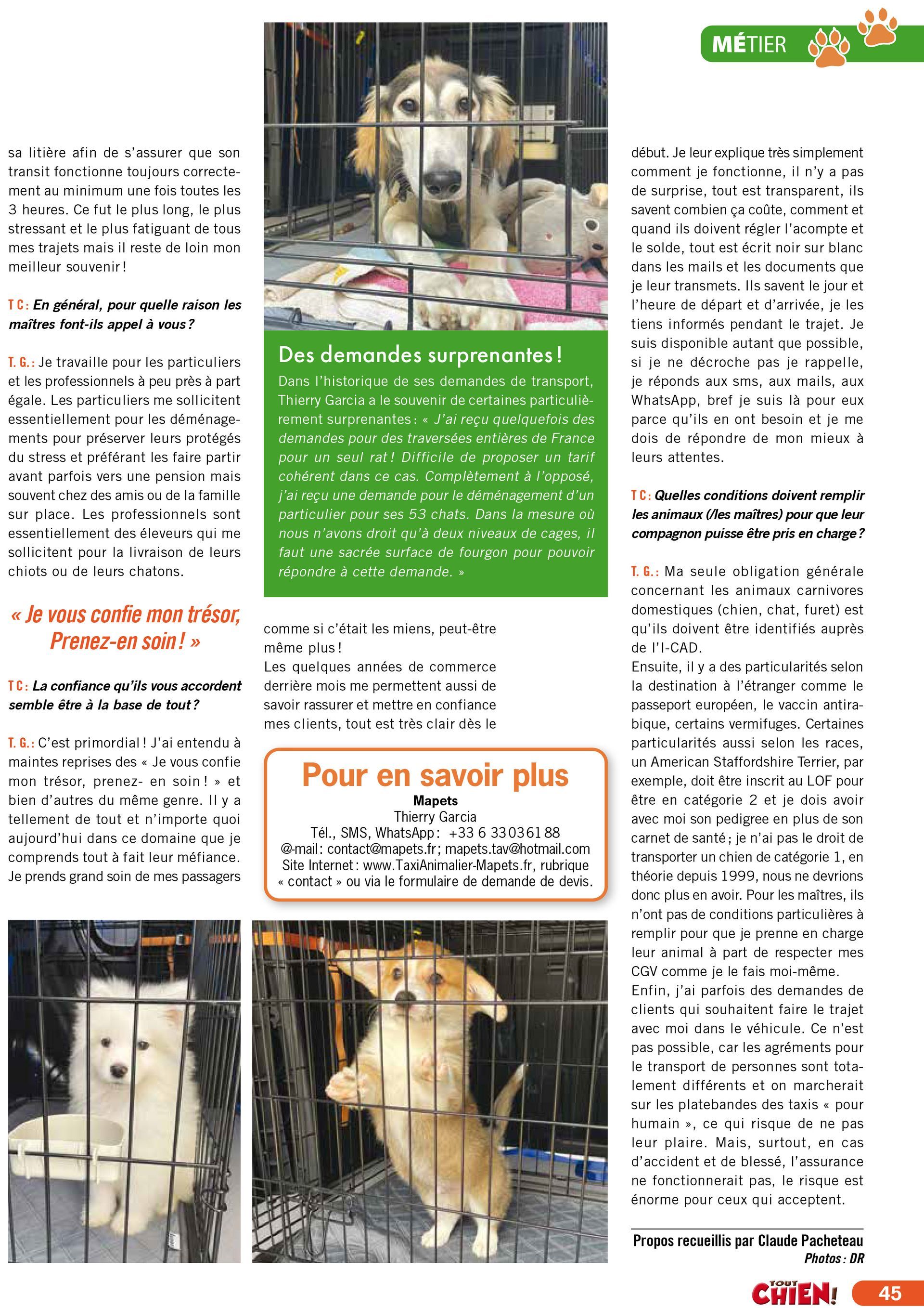Article avec MAPETS du magazine Tout Chien sur le métier de Taxi Animalier Page 5