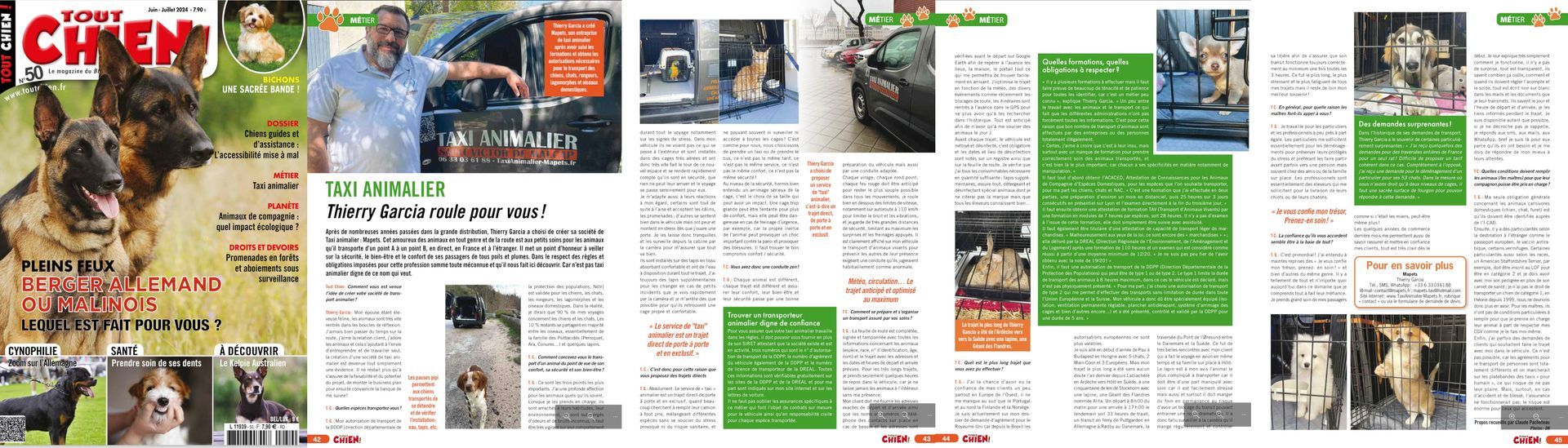 Mapets, Taxi Animalier France et Europe de l'Ouest, article de Presse dans le magazine Tout Chien