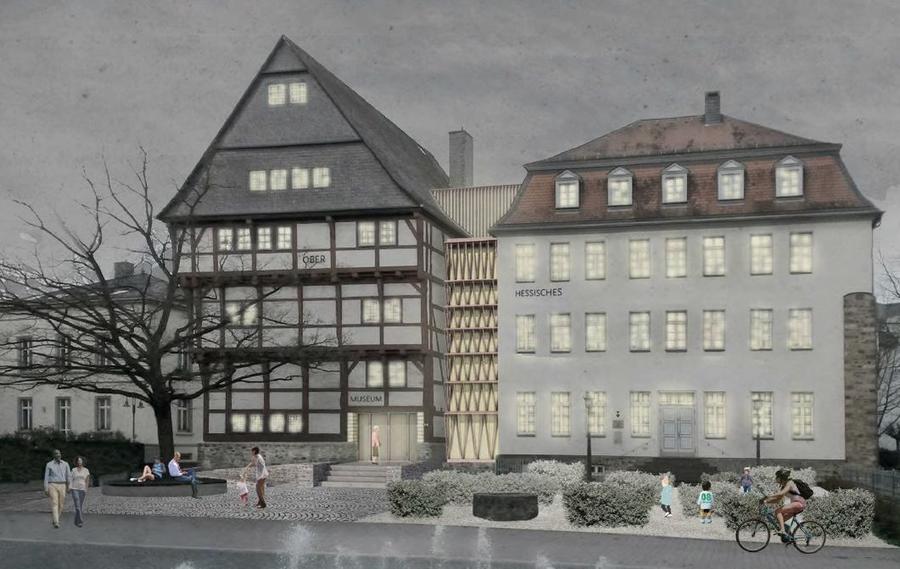 Das Leib'sche Haus wird durch eine Glas-Holz-Konstruktion mit dem Wallenfels'schen Haus verbunden, die auf das Fachwerk Bezug nimmt. Beispielvisualisierung des 1. Preises | STUDIO GRÜNDER KIRFEL, Florian Kirfel, Architekt, Schloss 1, 98630 Bedheim © STUDIO GRÜNDER KIRFEL