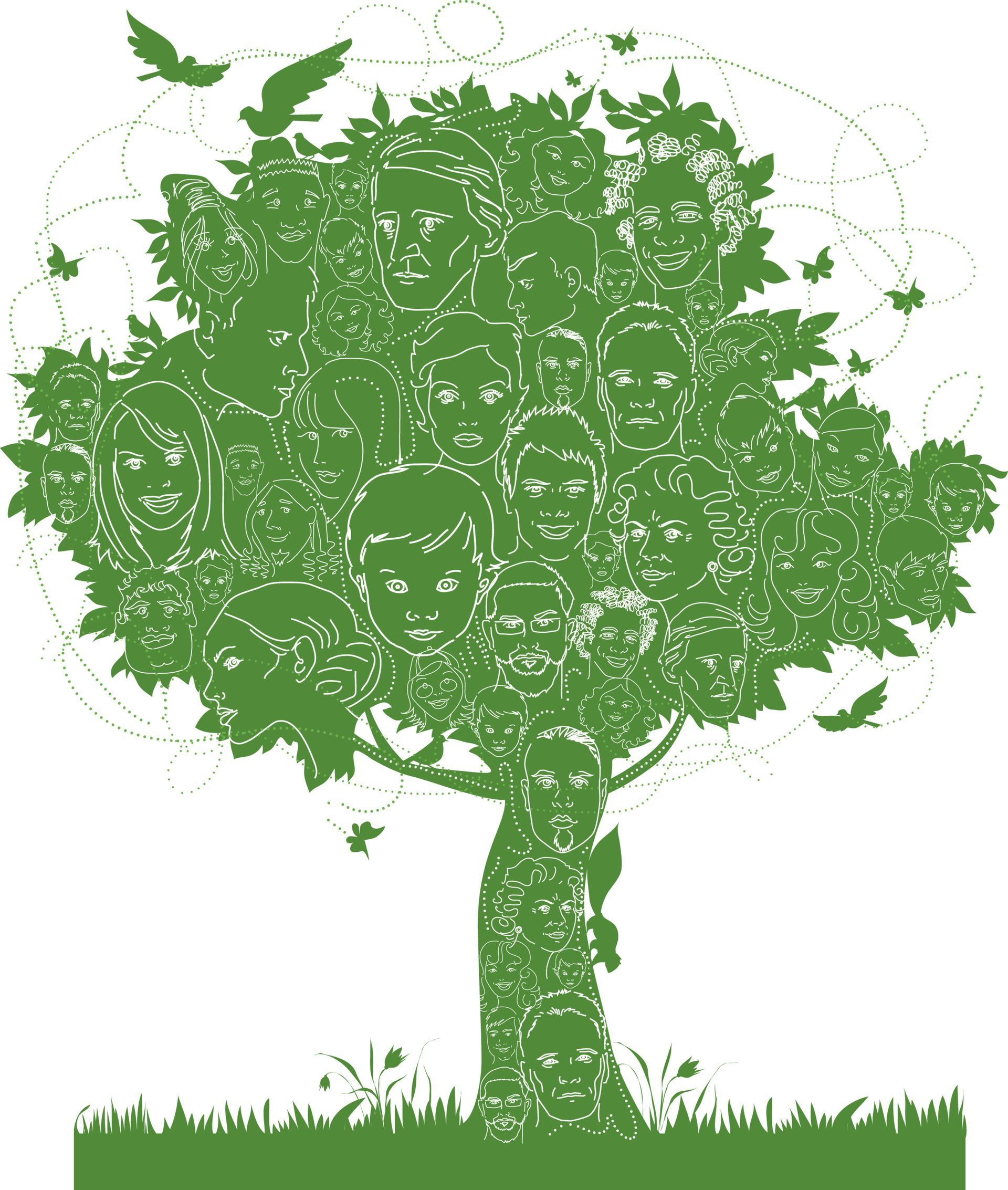 Illustration d'un arbre aux multiples visages humains symbolisant les liens familiaux et la psychogénéalogie