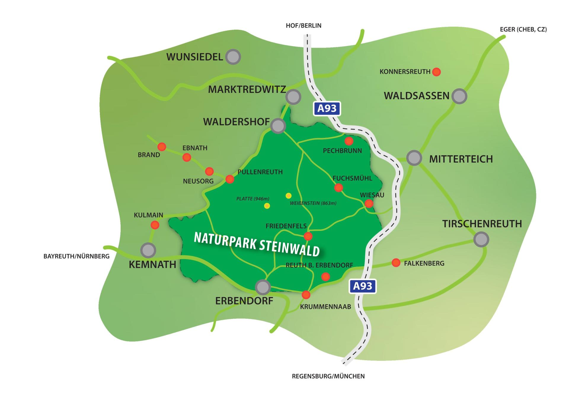 Naturpark Steinwald, Karte, Kartografie, westlicher Landkreis Tirschenreuth, nördliche Oberpfalz, nördliches Bayern, Oberpfalz, Bayern, Grenze Tschechien, Erbendorf, Marktredwitz, Windischeschenbach, Kemnath, Waldereshof, Falkenberg, Waldnaabtal, Naturpark, Naturschutz, A93, B22,Fichtelgebirge, Oberpfälzer Wald