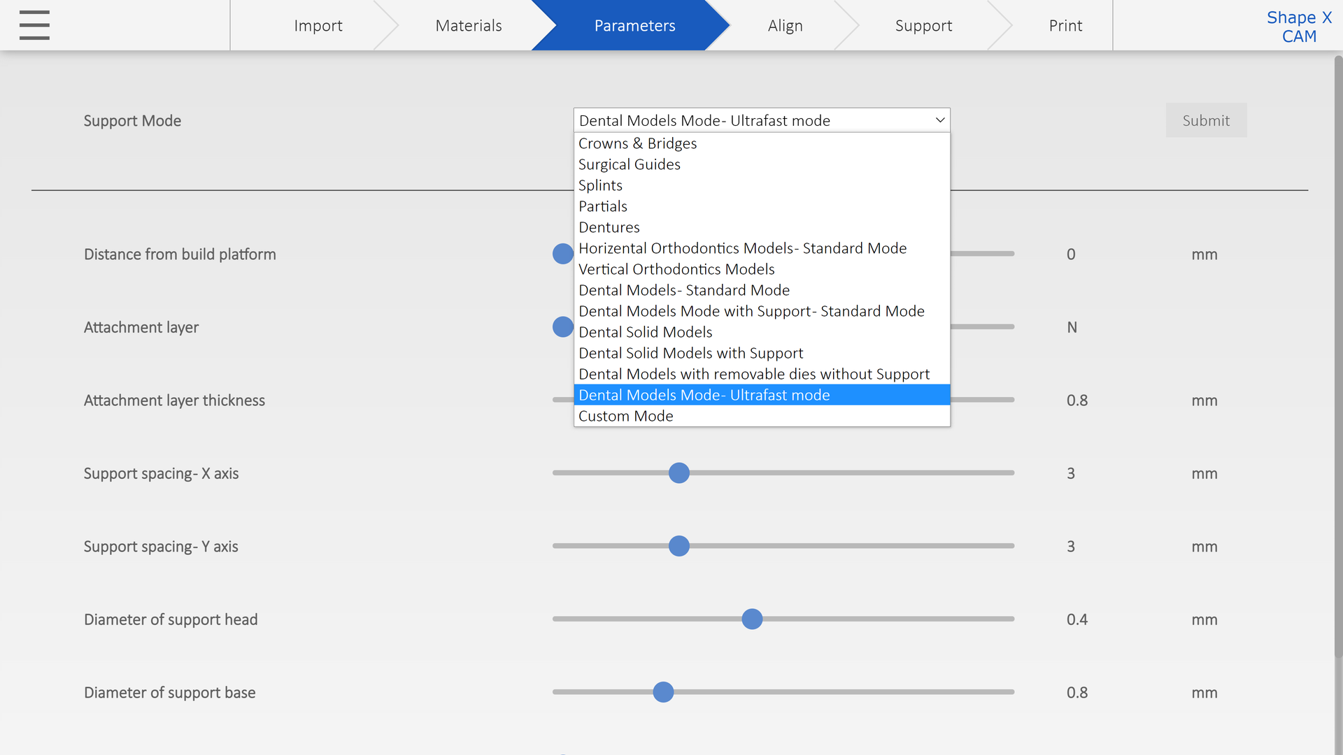 Shape X CAM Software 3D Printing parameters