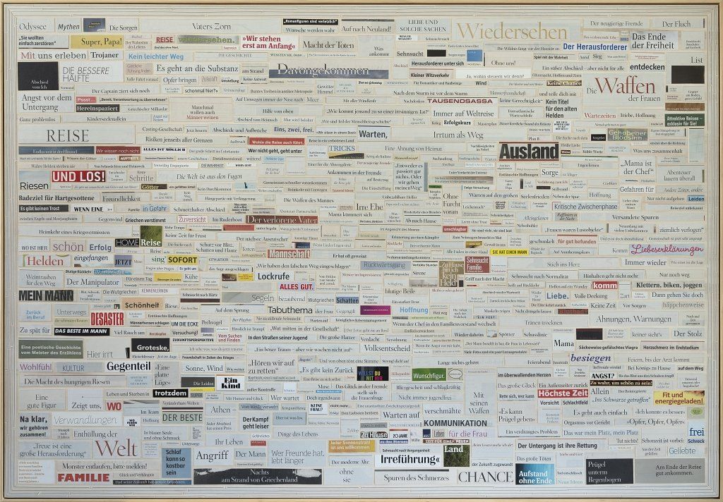 ODYSSEE im DT. Collage aus Überschriften, die zusammengesetzt Homers Odyssee nachempfinden lassen.