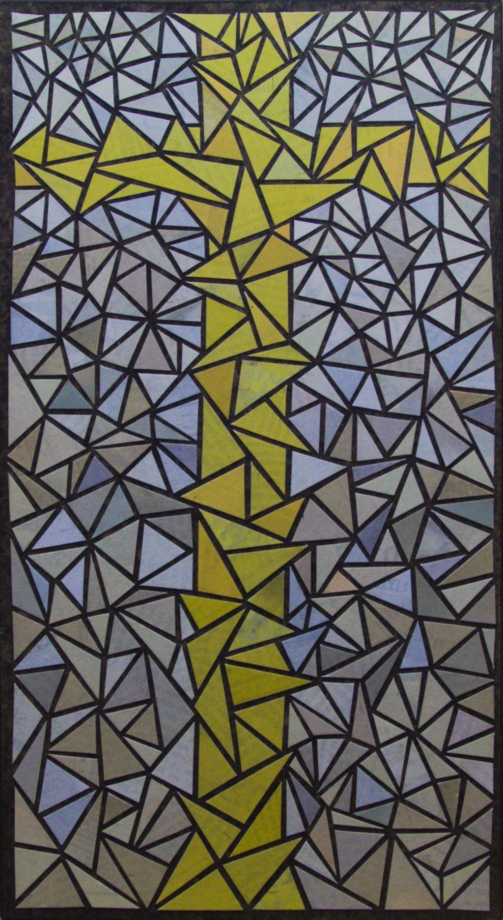 DIe Zeitungscollage von Carsten Schneider zeigt ein gelbes Kreuz auf weißem Grund.