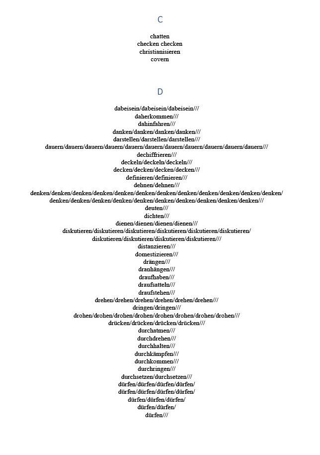 Textauszug zur Originaltonkomposition „Die Tu-Wörter eines Tages im Deutschlandfunk“ Buchstabe C