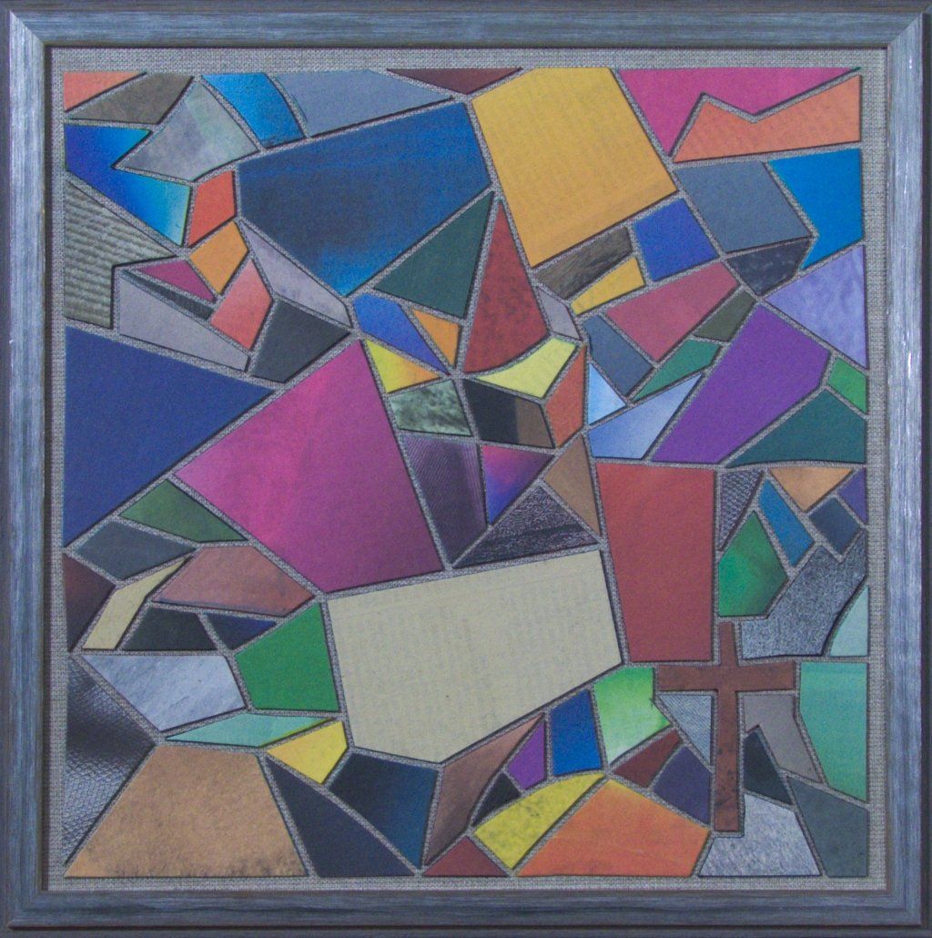 In einem Farbenmeer aus Zeitungsausschnitten steht unten rechts Kreuz aus buntem Zeitungspapier.