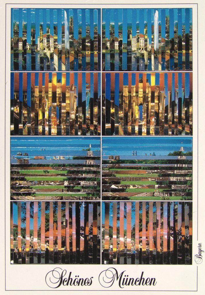 Postkartencollage mit Münchner Stadtansichten in vertikalen und horizontalen Streifen.