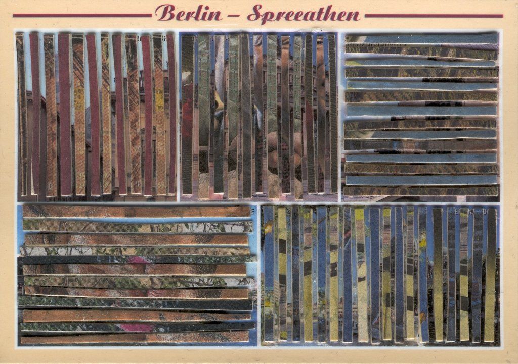 Berlin-Spreeathen-Collage mit fünf Stadtfeldern in senkrechten und waagerechten Streifen.