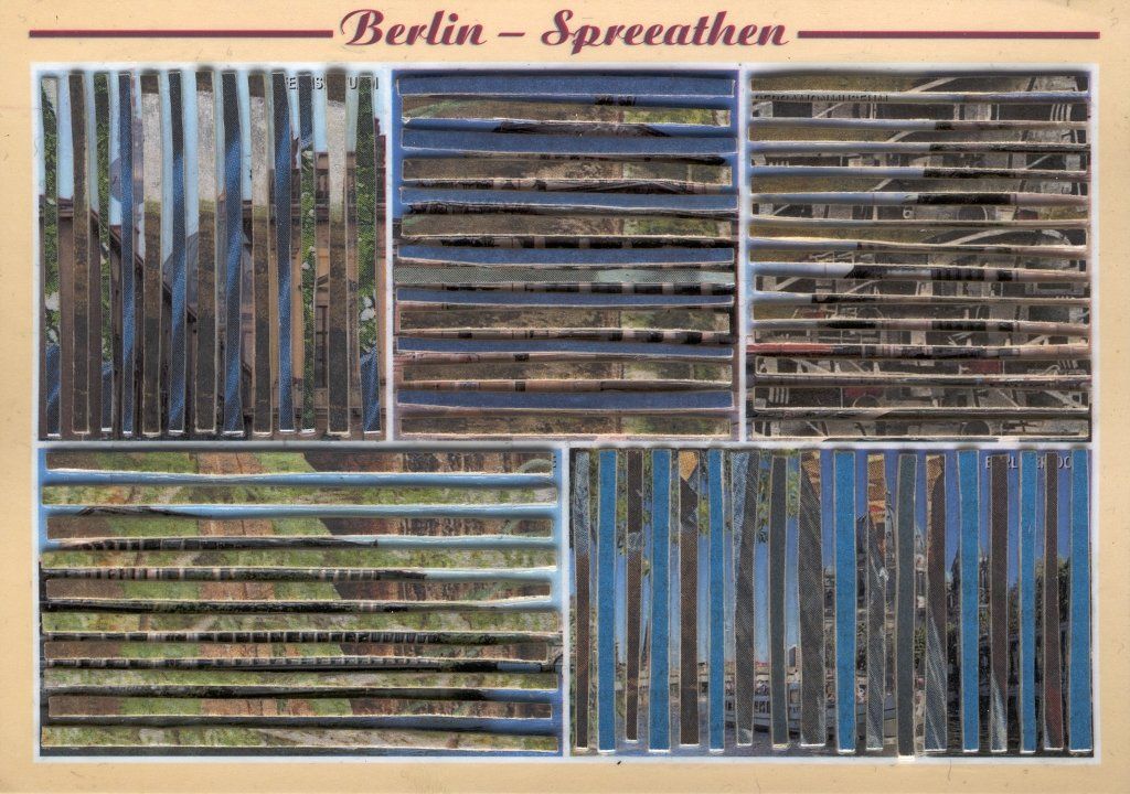 Spreeathen-13 – kleine Postkarten-Collage aus Zeitungsfragmenten, 10×15 cm, 2014.