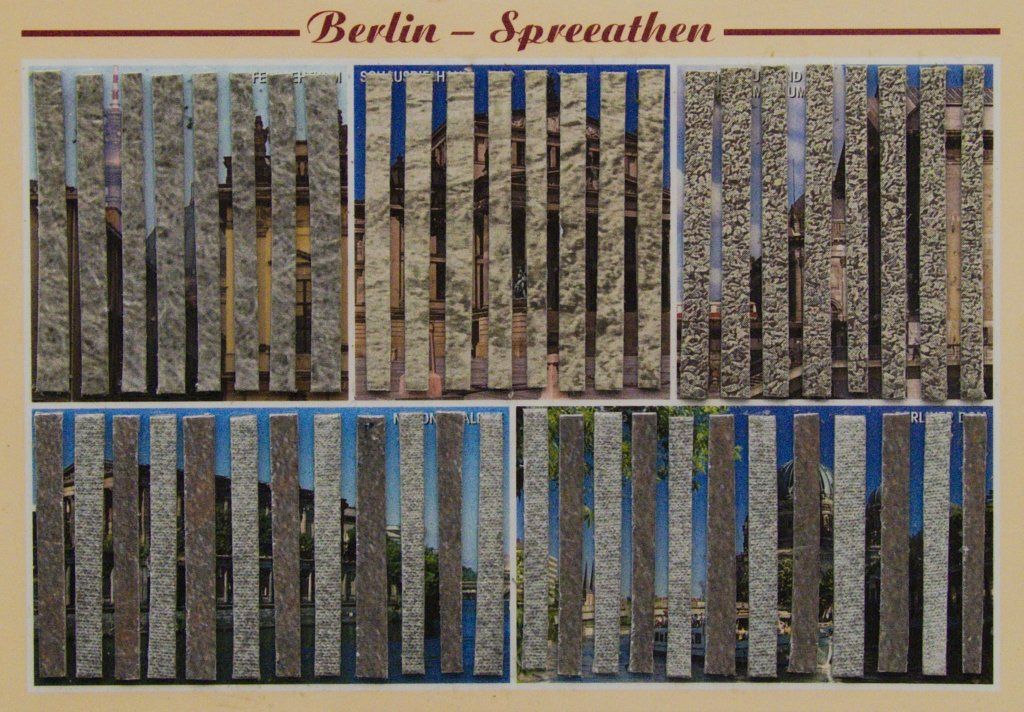 Spreeathen-16 – kleine Postkarten-Collage aus Zeitungsfragmenten, 10×15 cm, 2014.