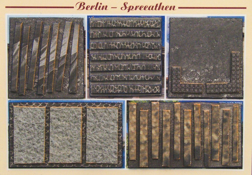 Berlin-Collage mit dunklen Papierstreifen, grauen Feldern und goldenen Kanten.